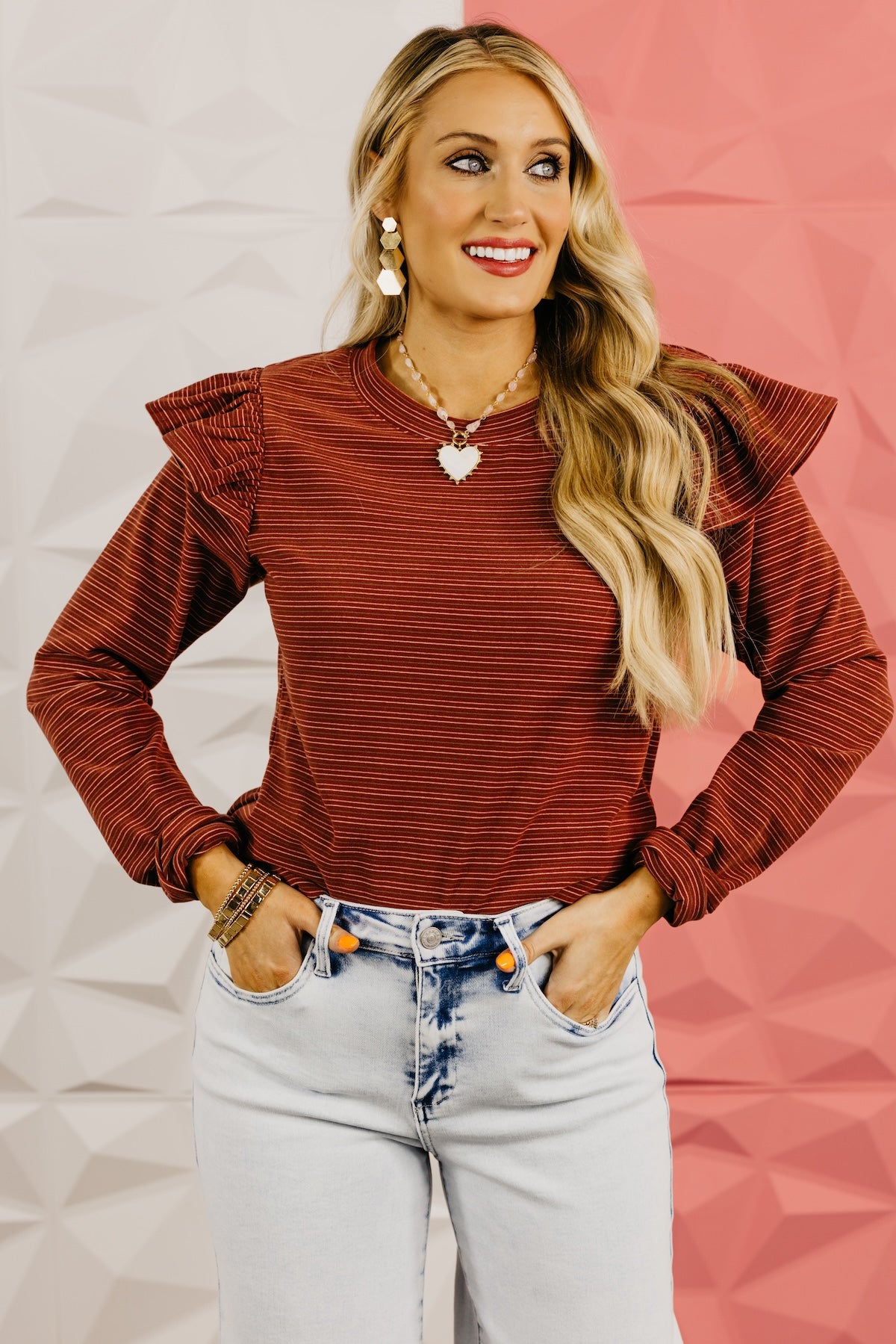 The Marcus Ruffle Shoulder Stripe Knit Top
