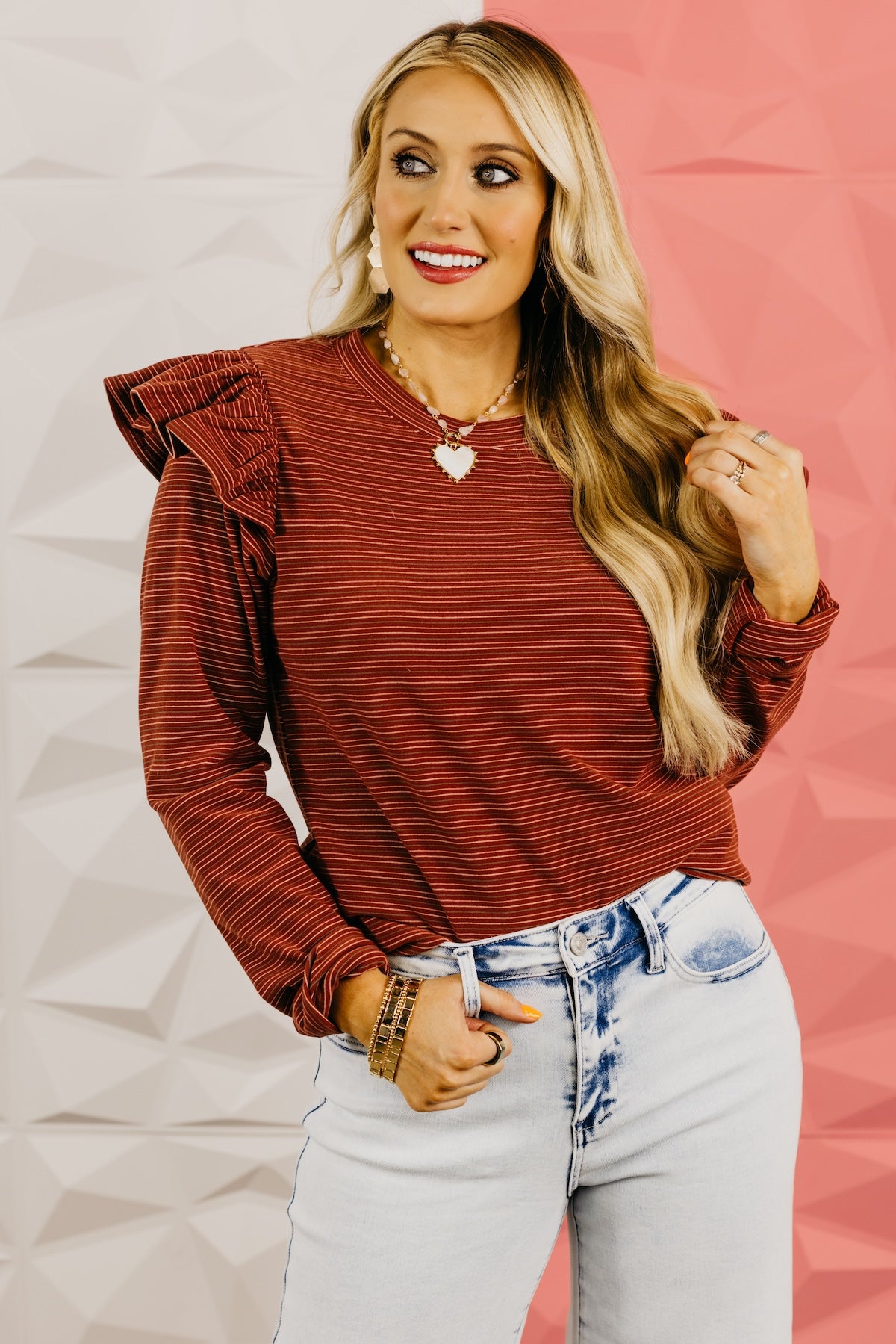 The Marcus Ruffle Shoulder Stripe Knit Top