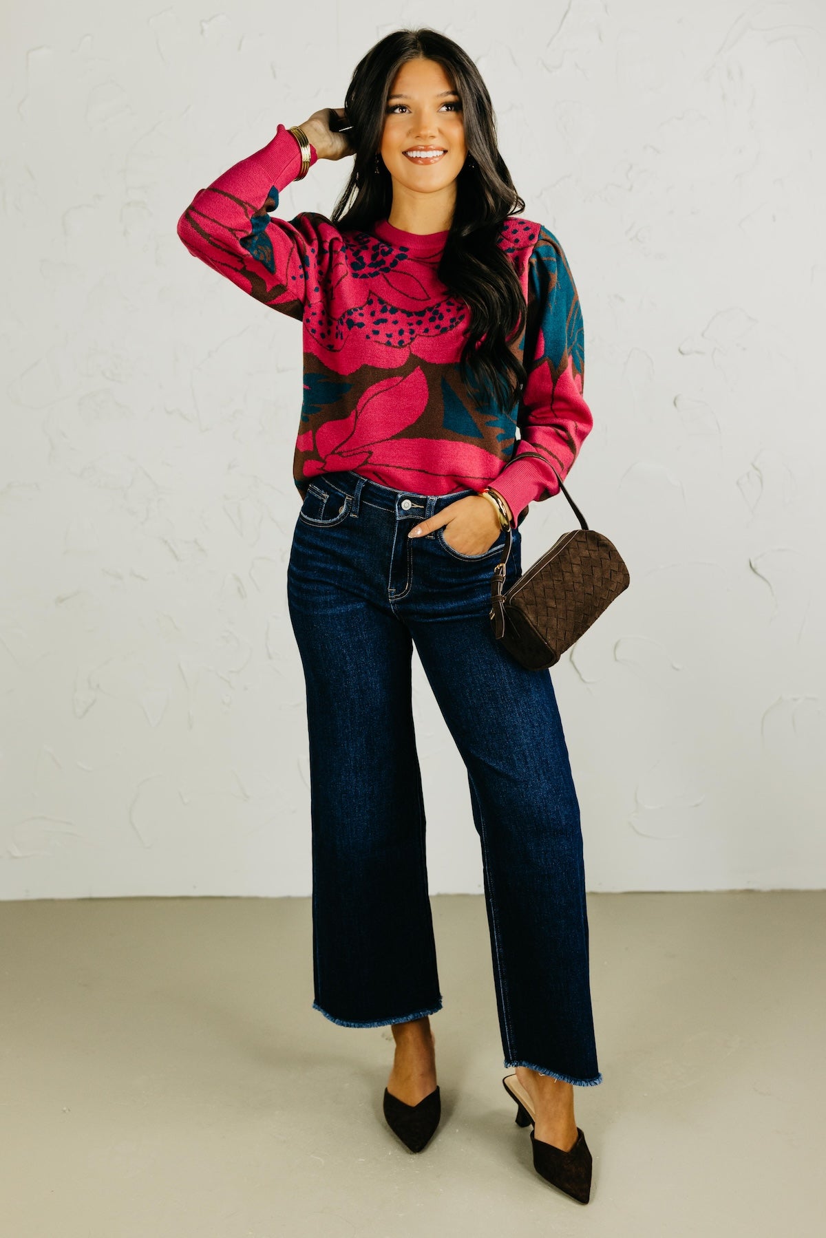 The Zinnia Floral Gathered Shoulder Sweater