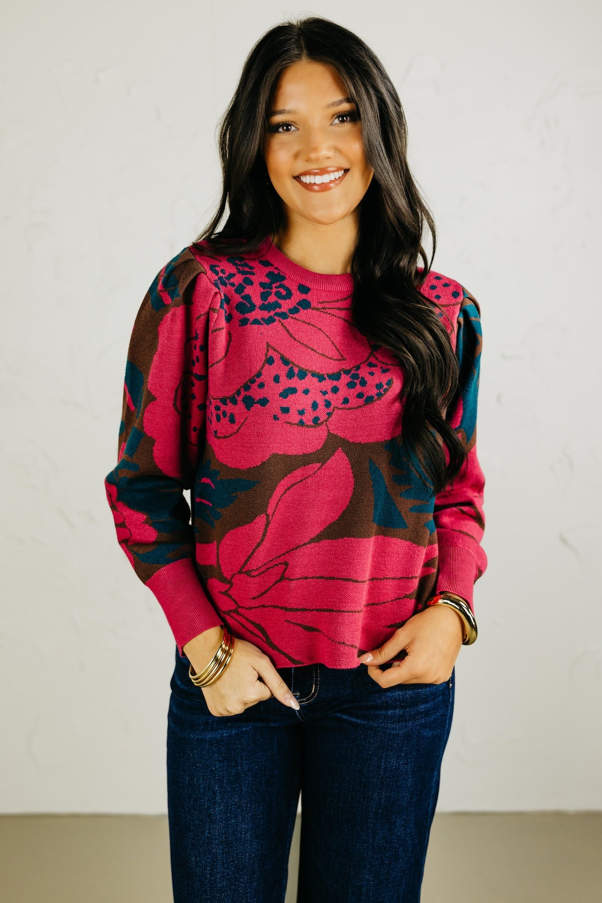 The Zinnia Floral Gathered Shoulder Sweater
