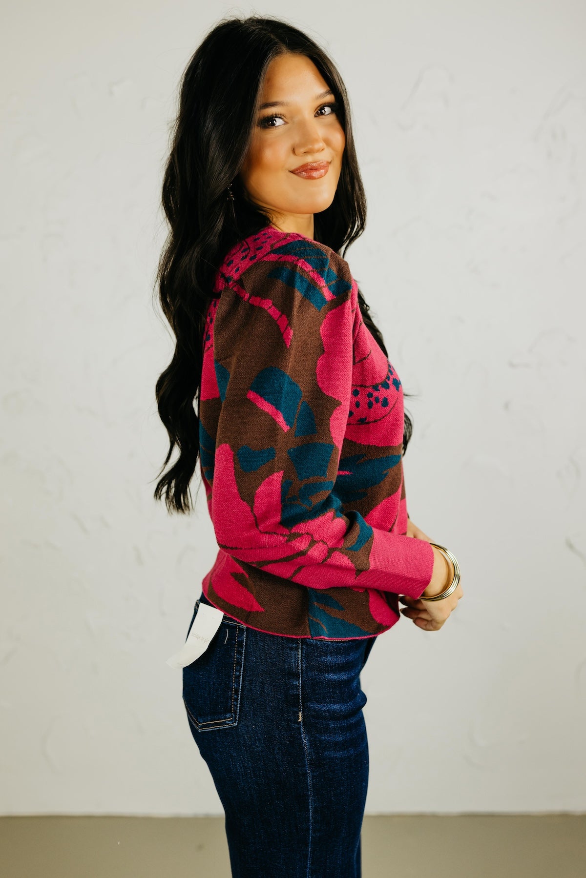 The Zinnia Floral Gathered Shoulder Sweater