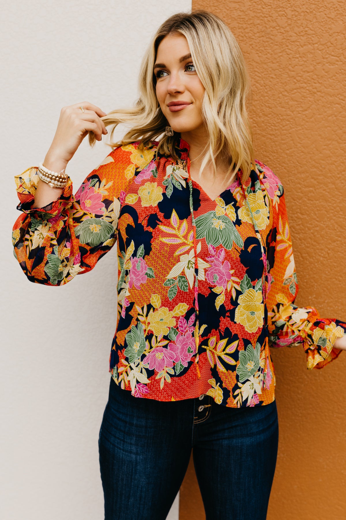 The Lizbeth Floral Ruffle Neck Peasant Blouse  - FINAL SALE