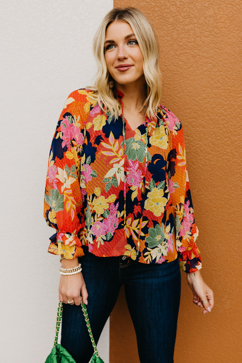The Lizbeth Floral Ruffle Neck Peasant Blouse