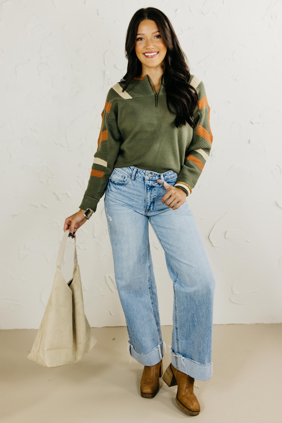 The Daffney Quarter Zip Striped Sweater