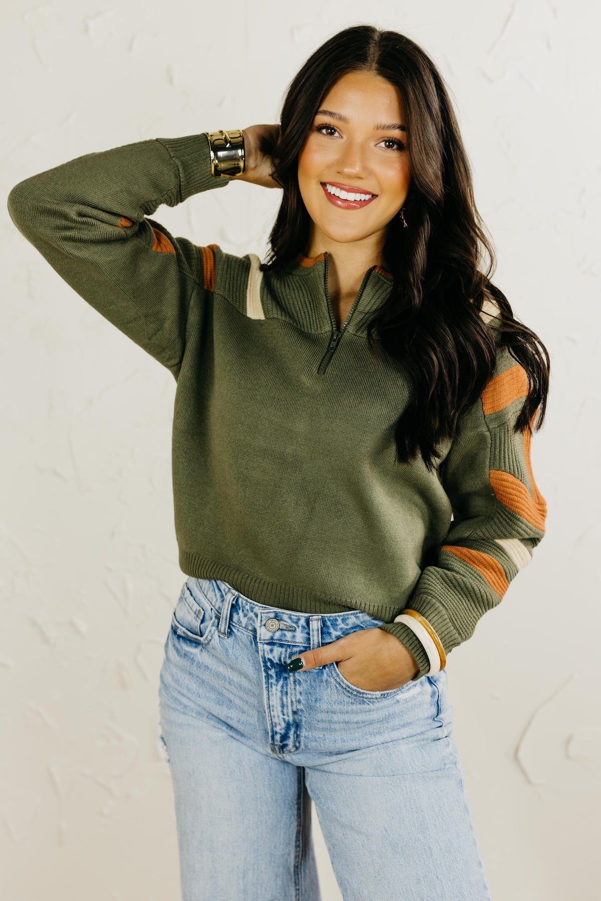 The Daffney Quarter Zip Striped Sweater