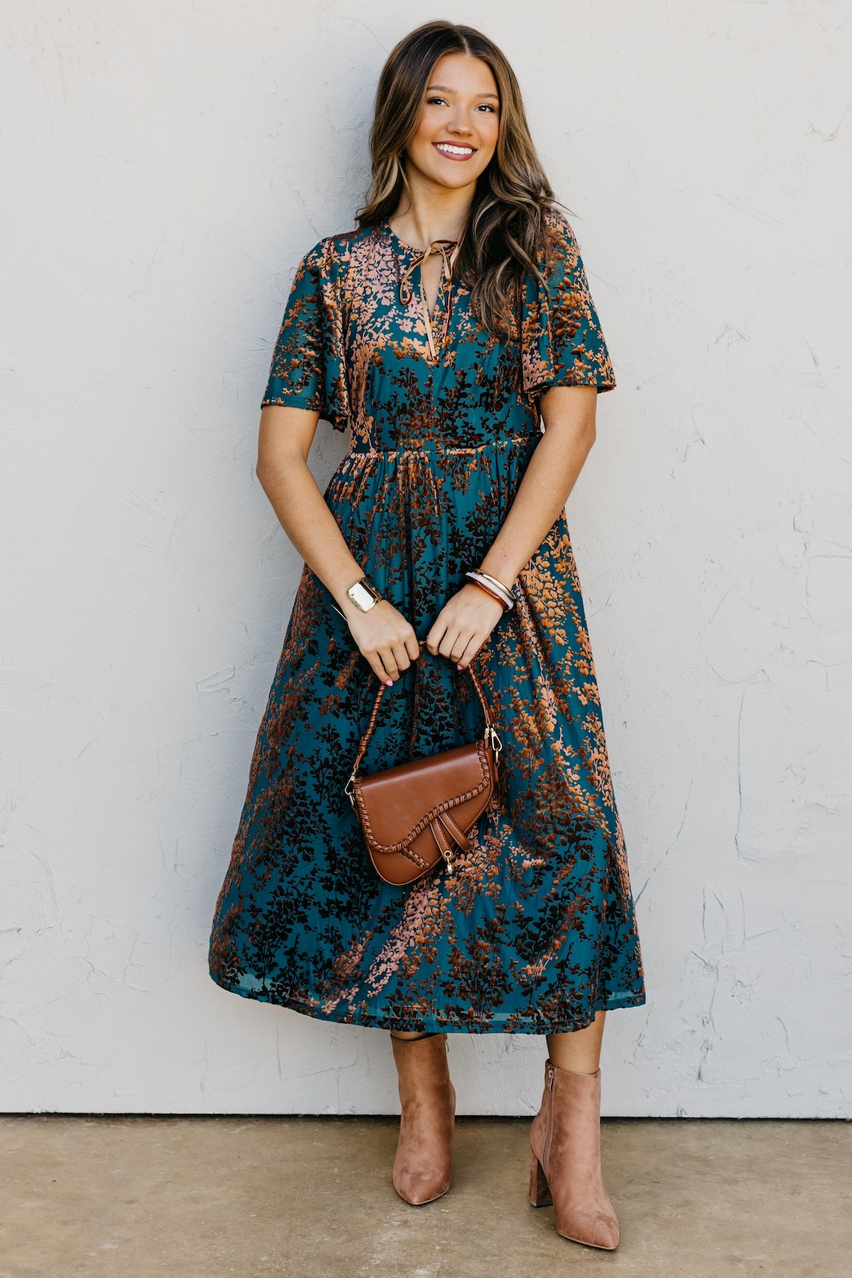 The Elora Velvet Floral Midi Dress