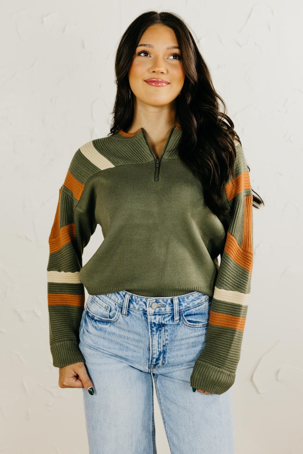The Daffney Quarter Zip Striped Sweater