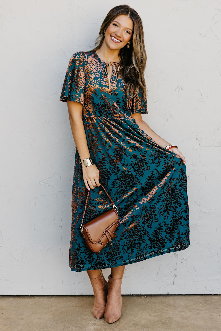The Elora Velvet Floral Midi Dress
