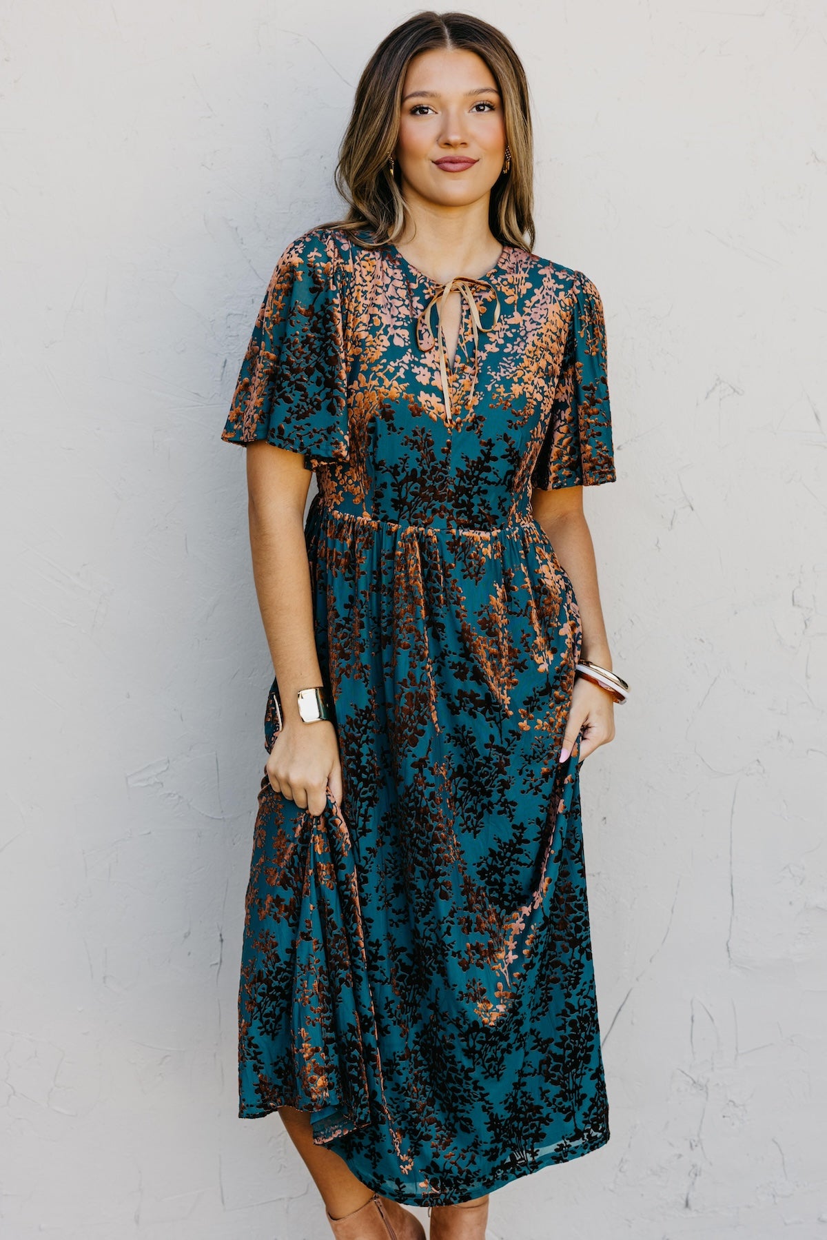 The Elora Velvet Floral Midi Dress
