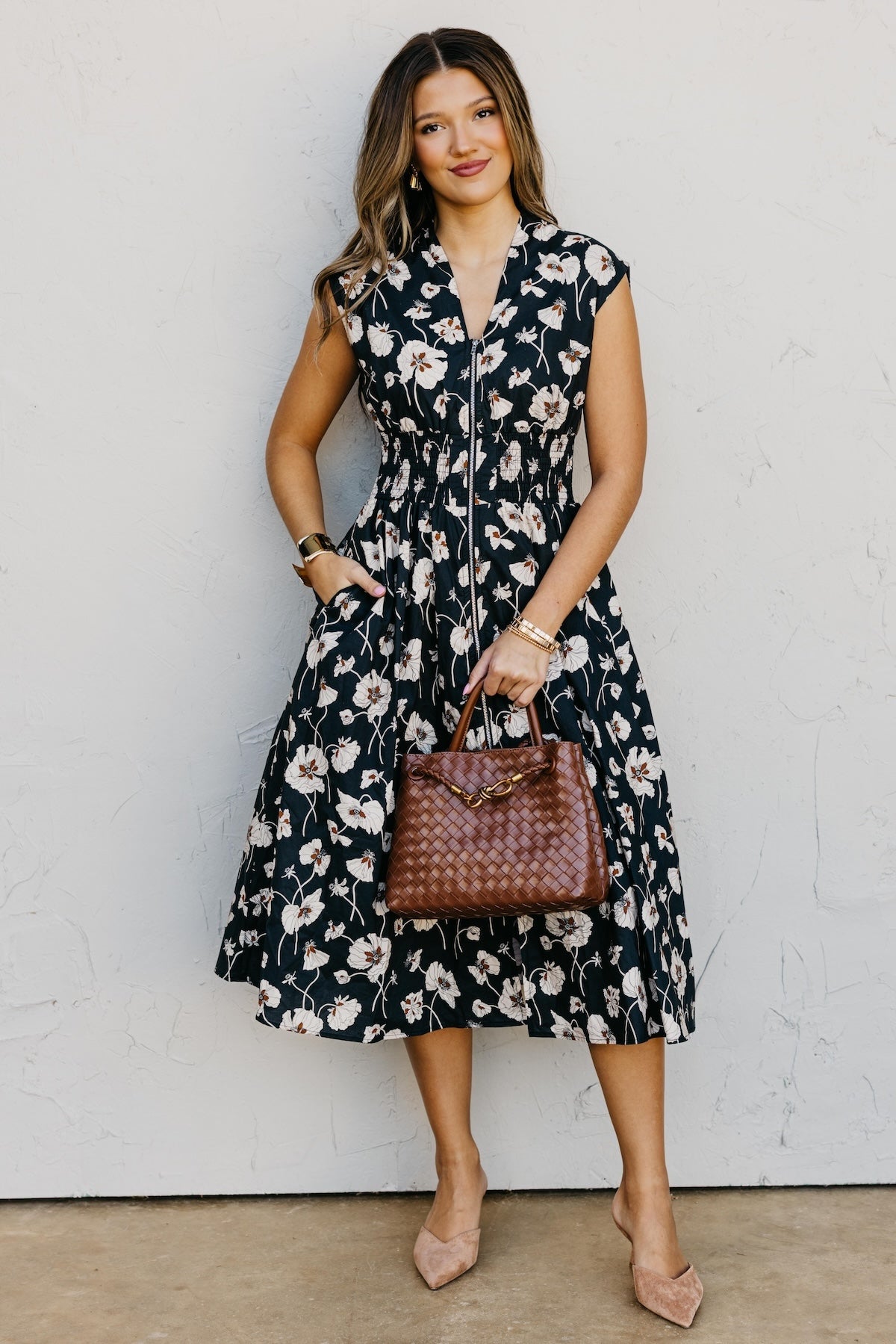 The Libbie Floral Zip Front Midi Dress