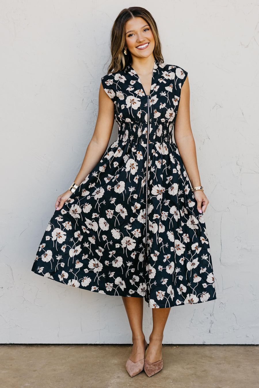 The Libbie Floral Zip Front Midi Dress