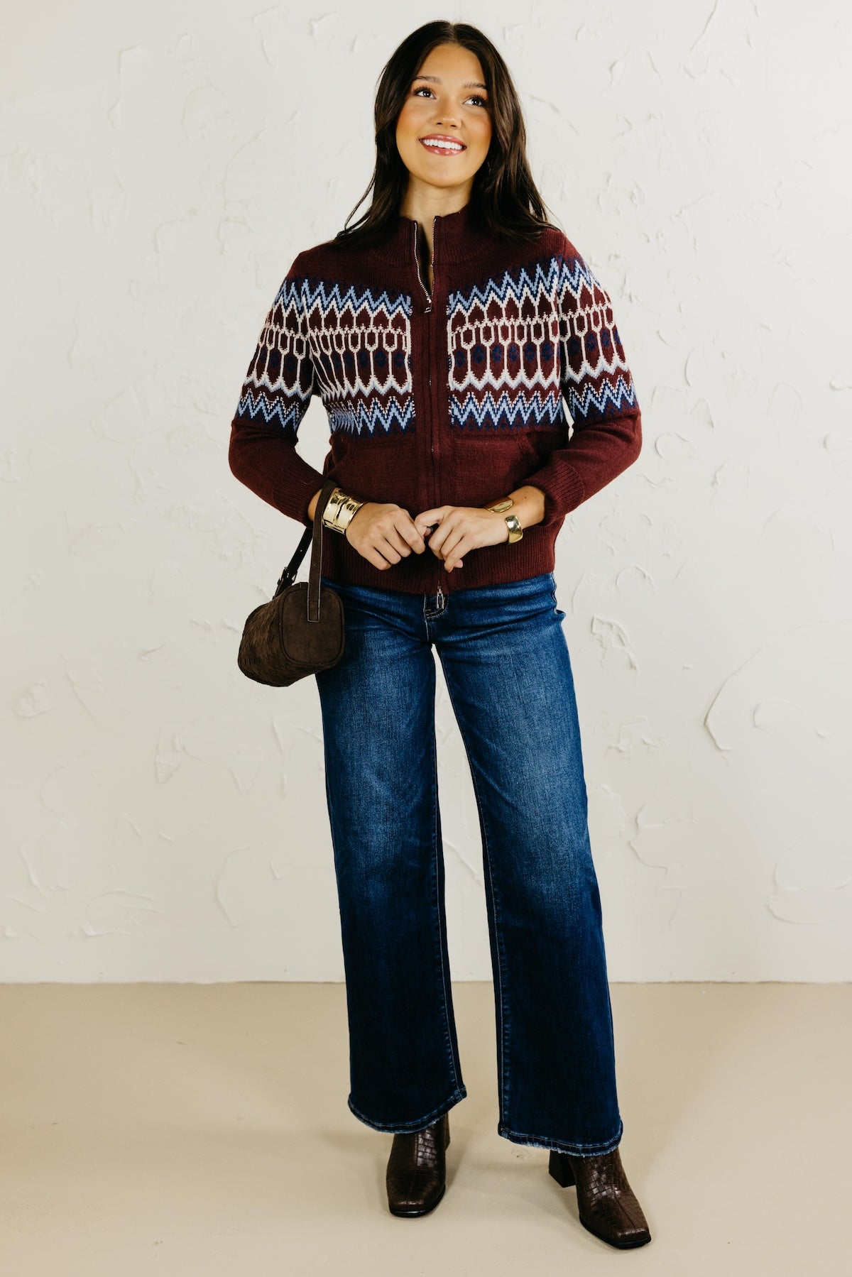 Then Fair Isle Zip Up Sweater Cardigan