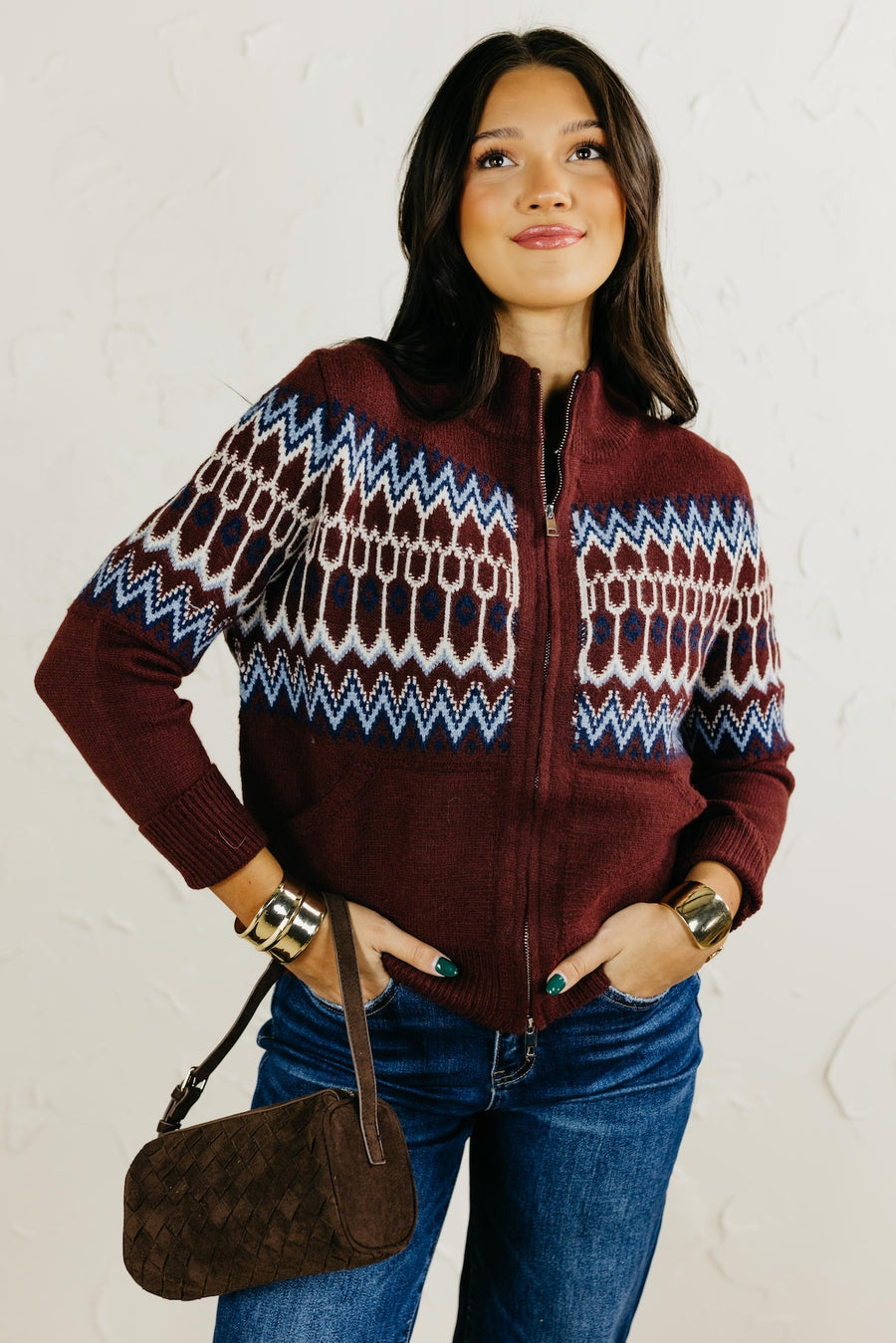 Then Fair Isle Zip Up Sweater Cardigan