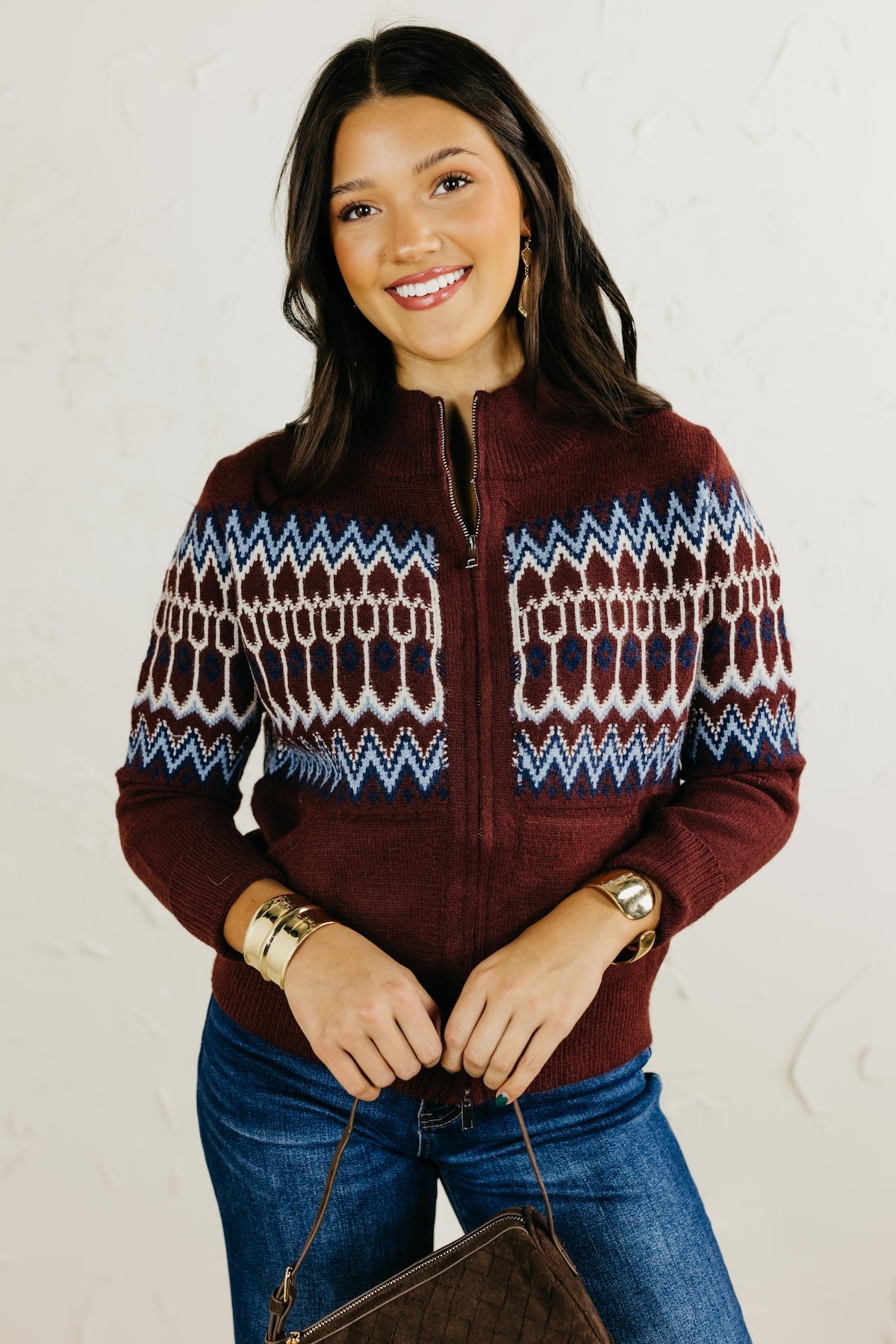 Then Fair Isle Zip Up Sweater Cardigan