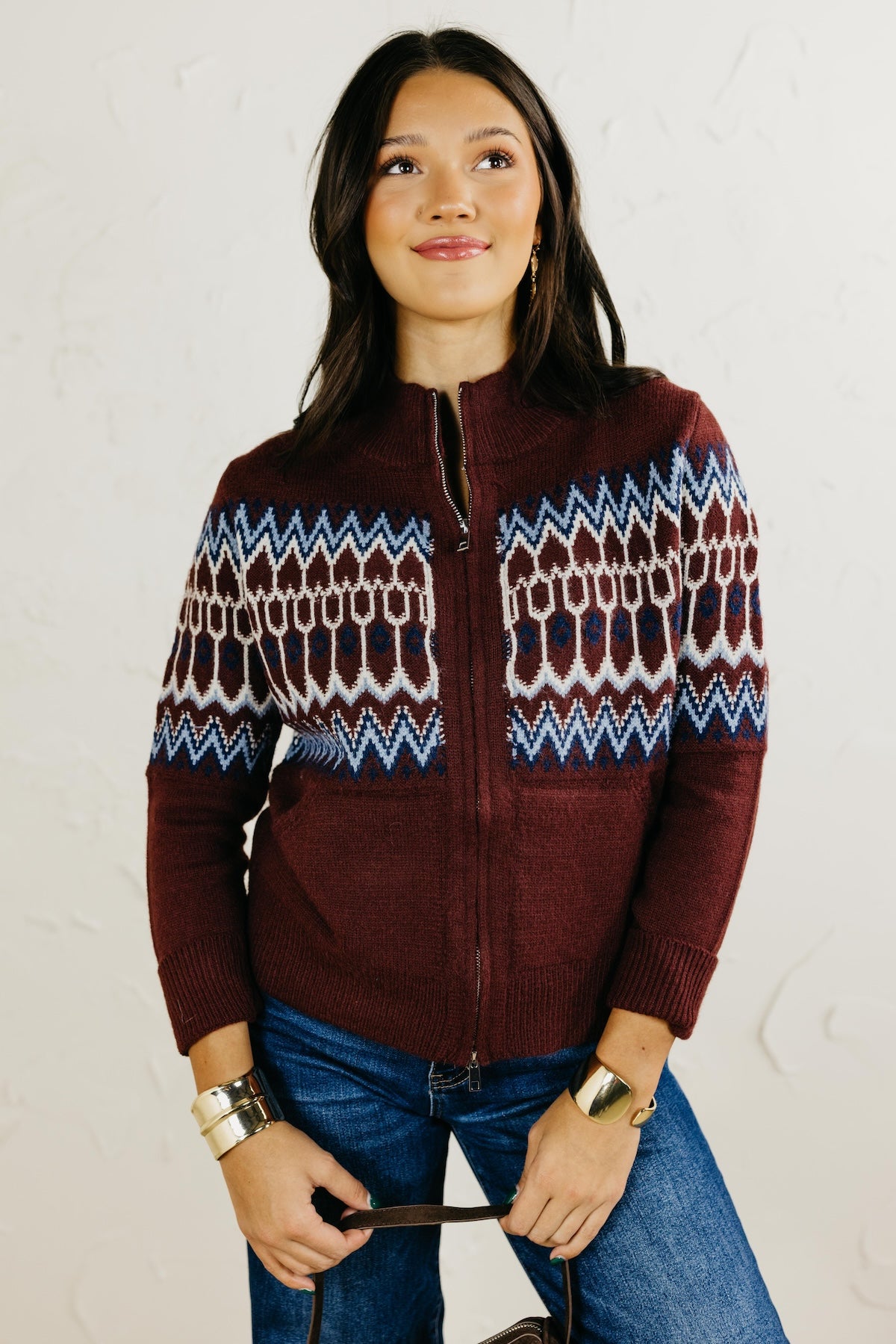 Then Fair Isle Zip Up Sweater Cardigan