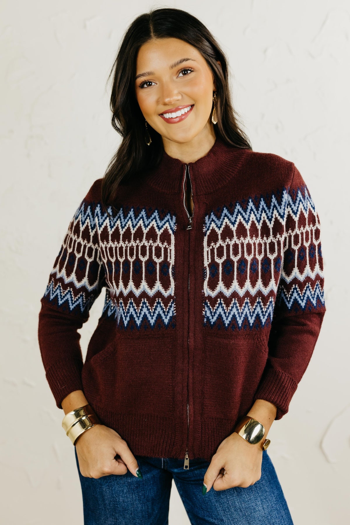 Then Fair Isle Zip Up Sweater Cardigan