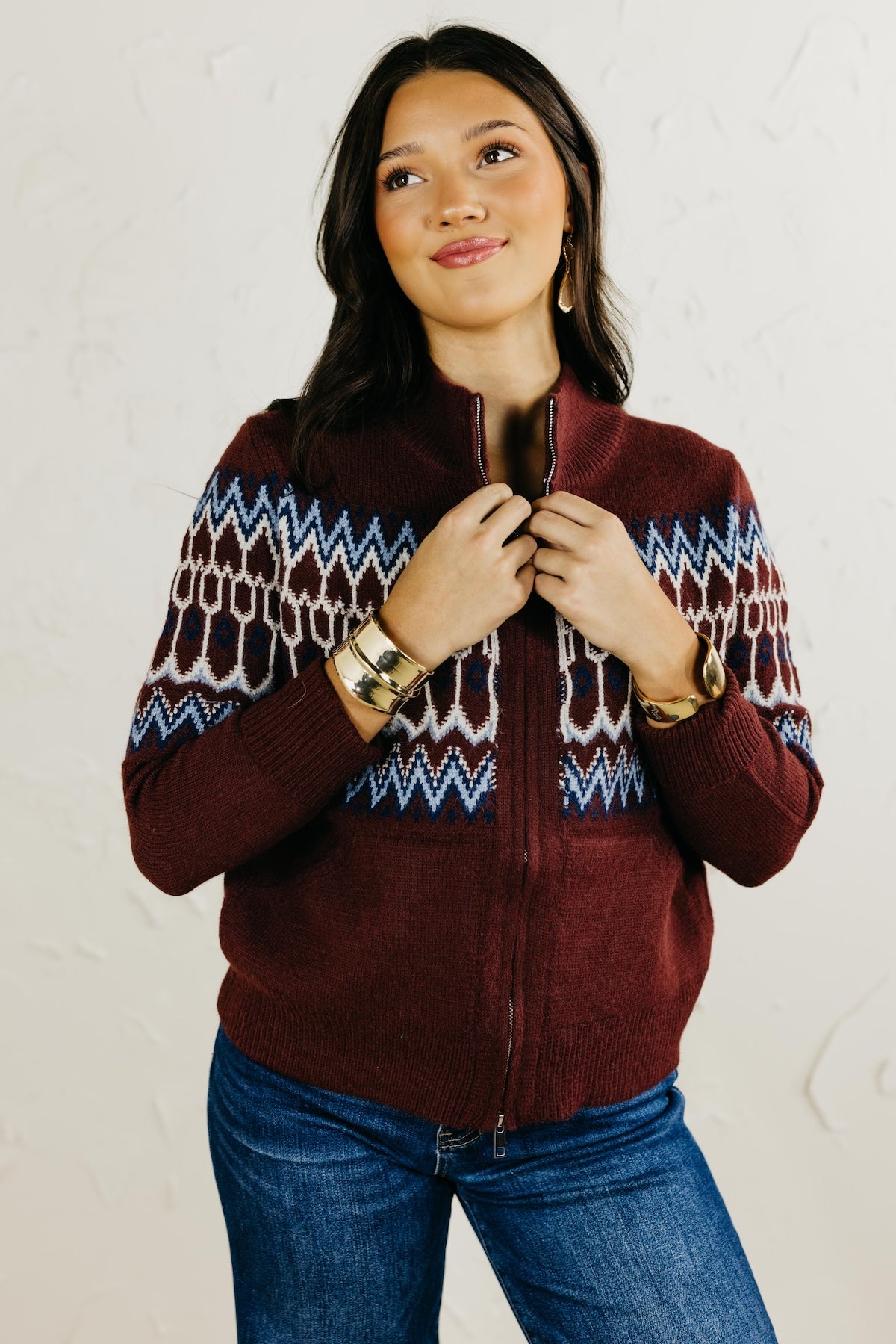 Then Fair Isle Zip Up Sweater Cardigan