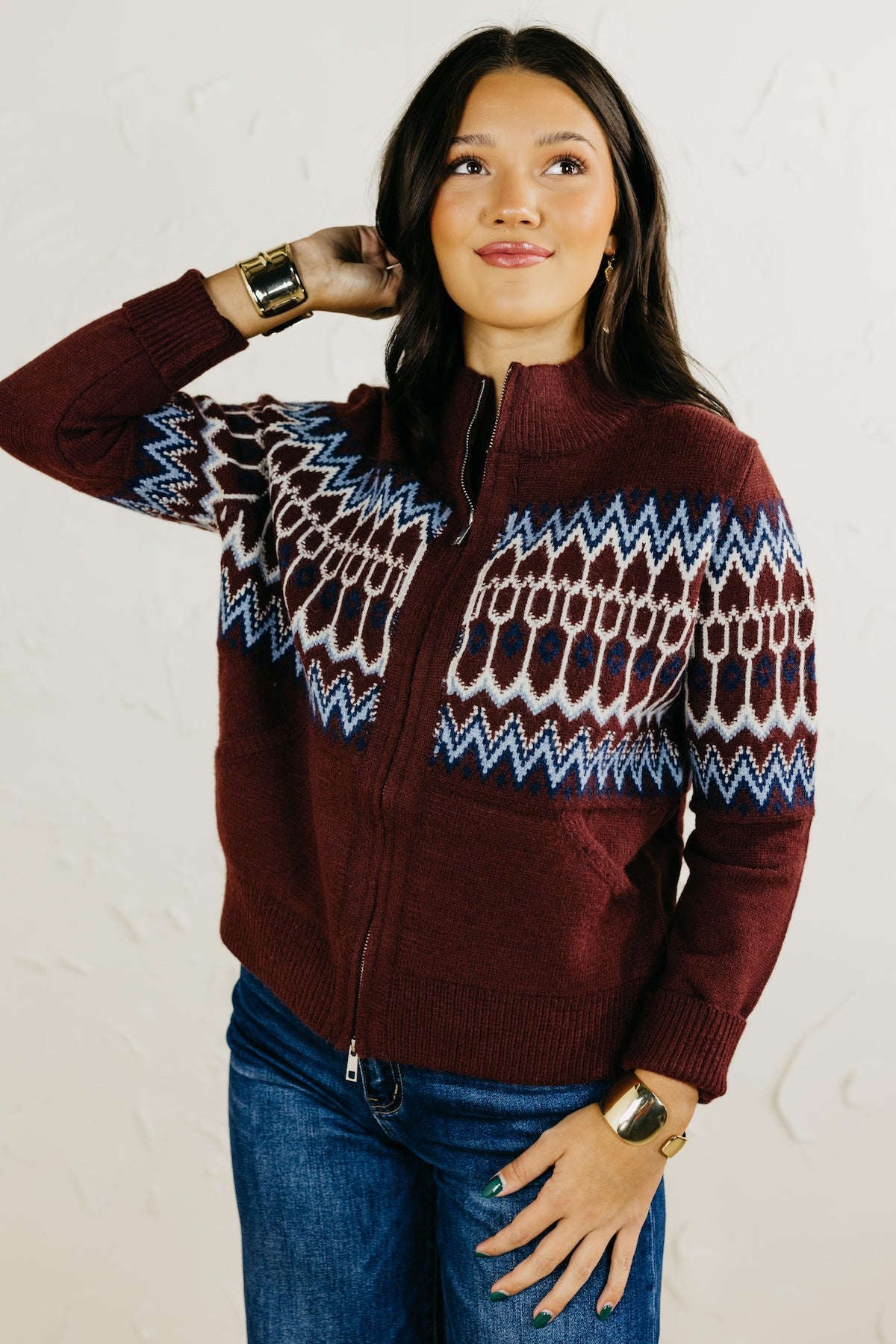 Then Fair Isle Zip Up Sweater Cardigan