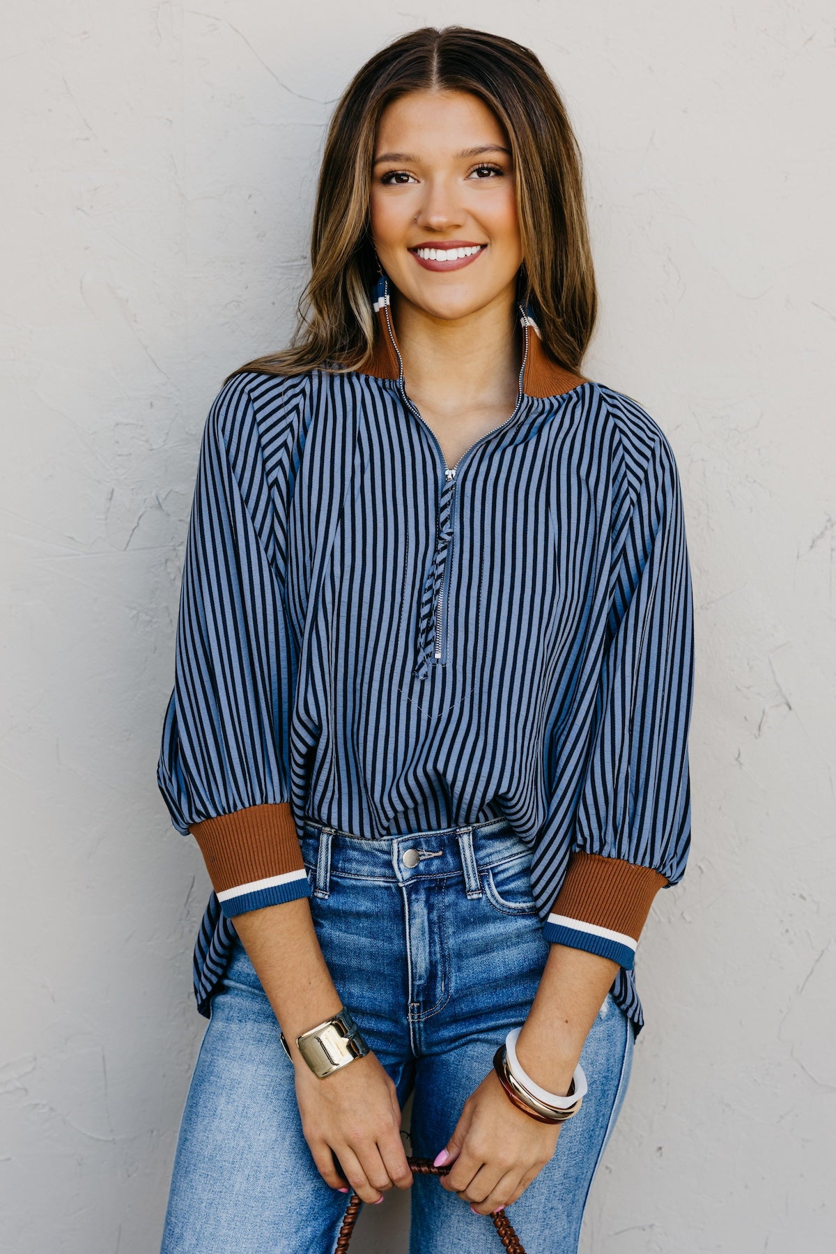 The Kelley Striped Zip Blouse