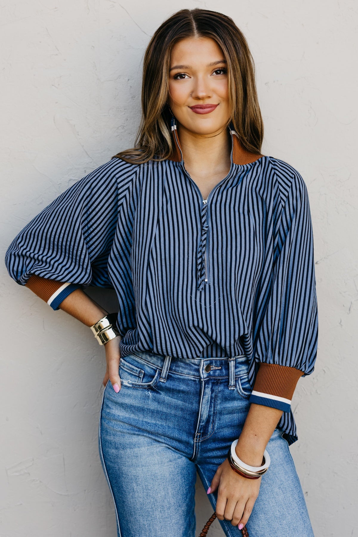 The Kelley Striped Zip Blouse