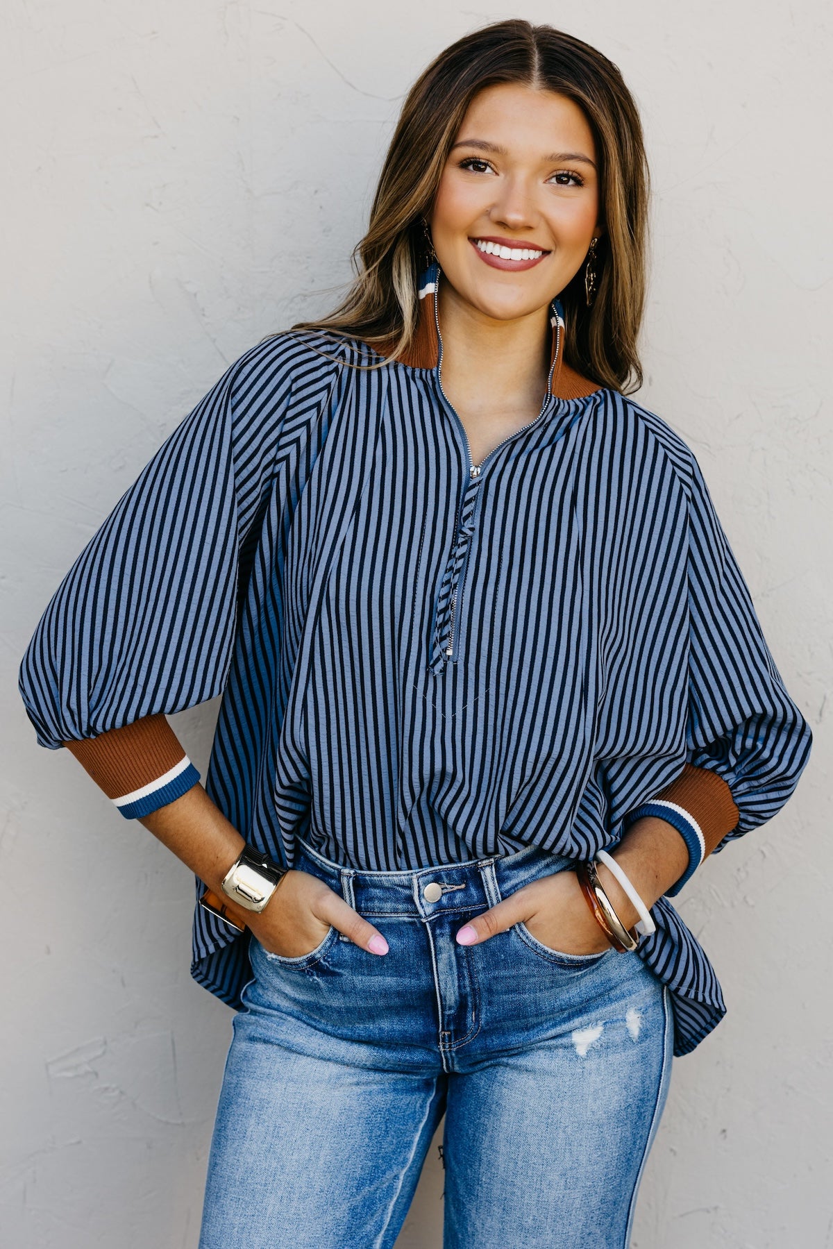 The Kelley Striped Zip Blouse