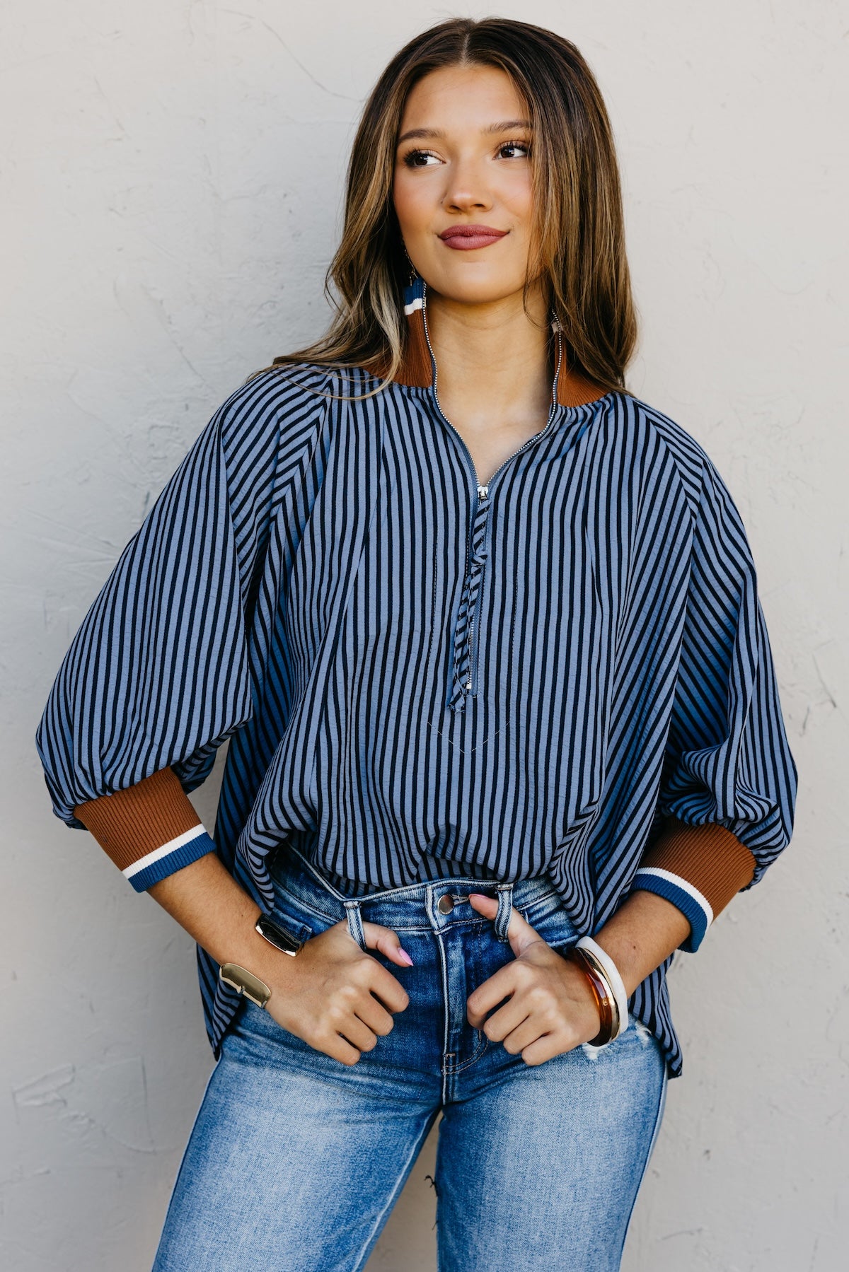 The Kelley Striped Zip Blouse