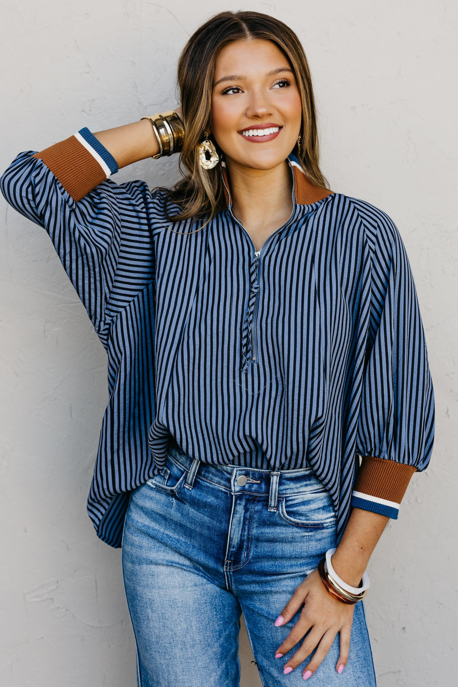 The Kelley Striped Zip Blouse