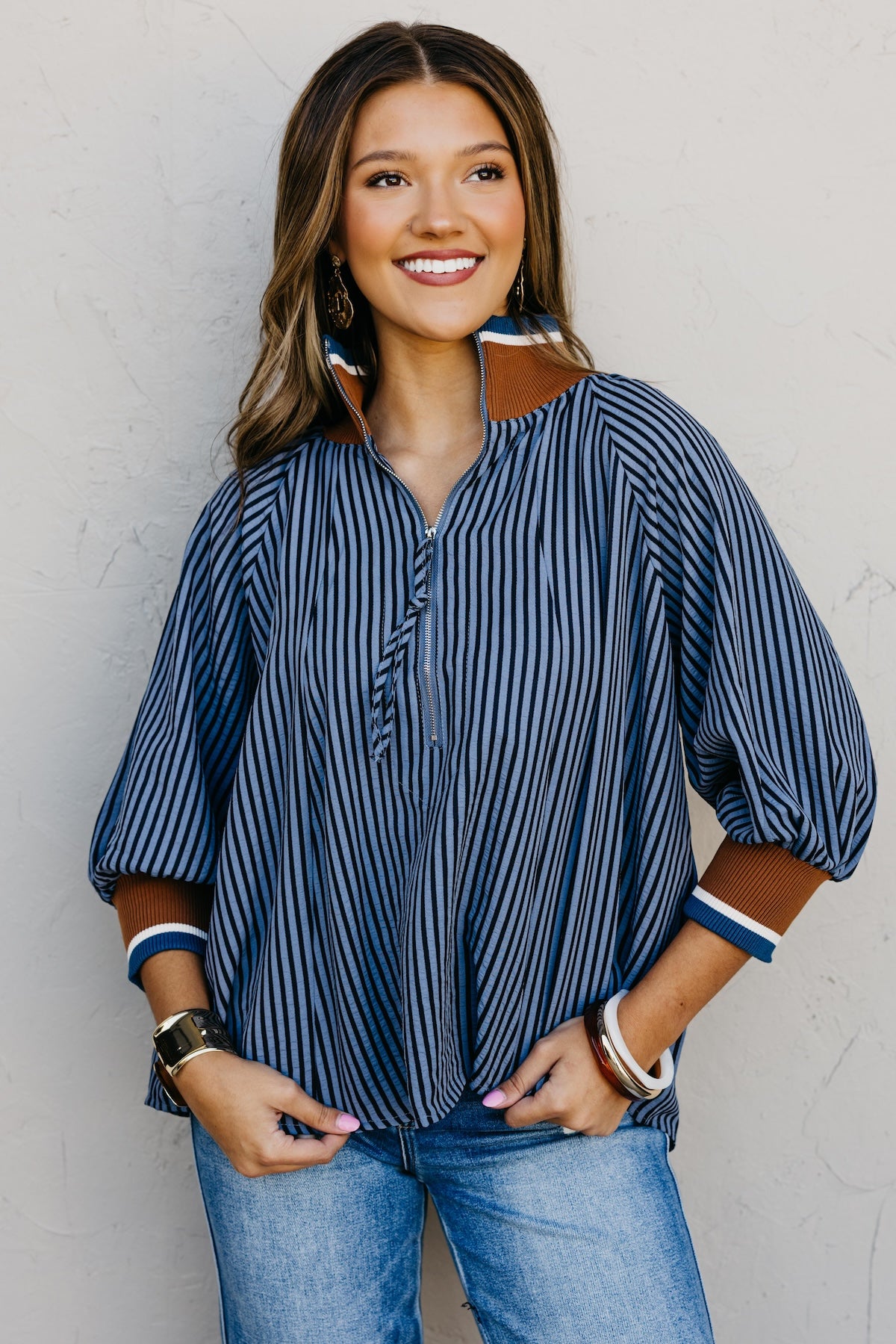 The Kelley Striped Zip Blouse