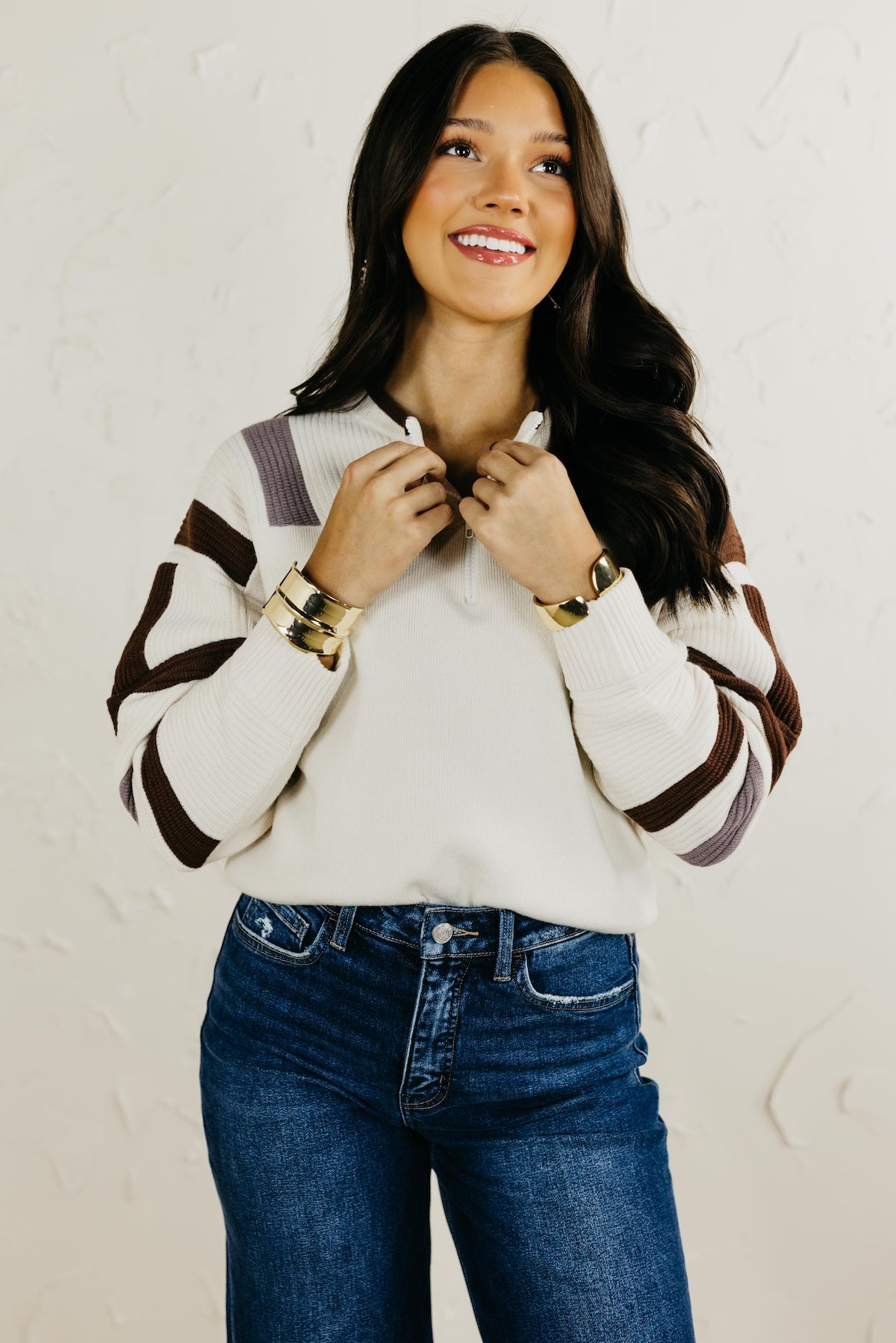The Daffney Quarter Zip Striped Sweater