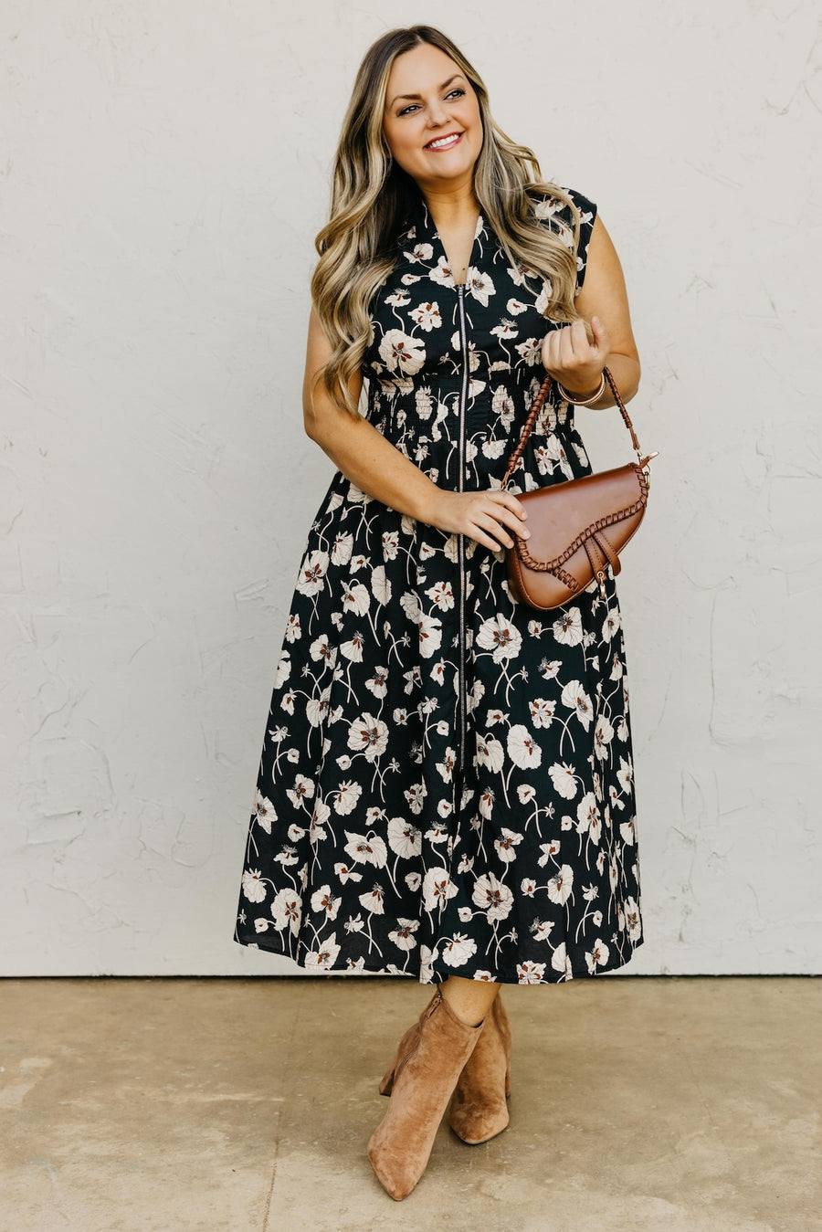 The Libbie Floral Zip Front Midi Dress