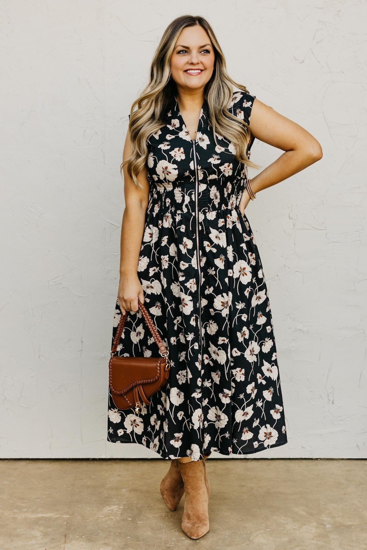 The Libbie Floral Zip Front Midi Dress