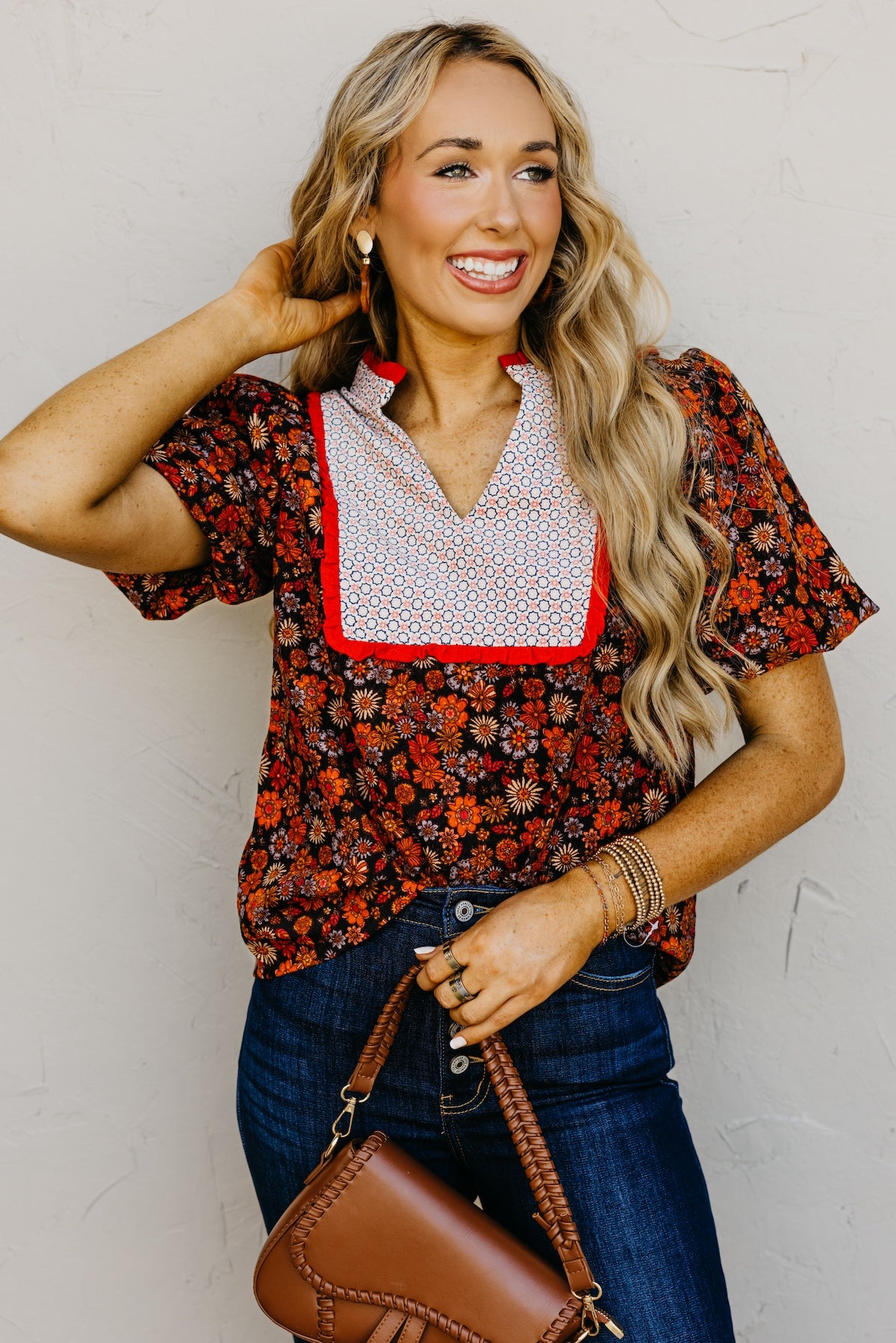 The Jessica Floral Contrast Corduroy Top