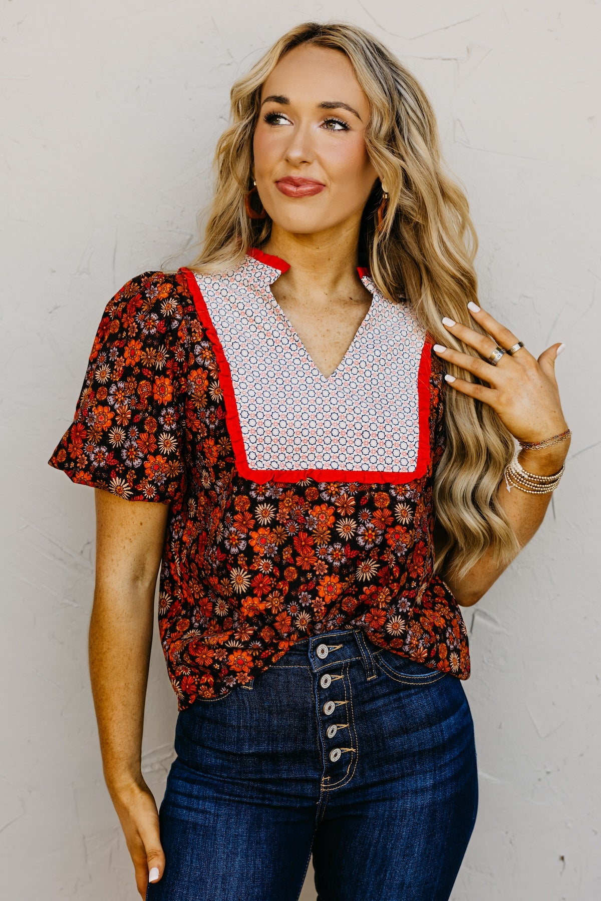 The Jessica Floral Contrast Corduroy Top