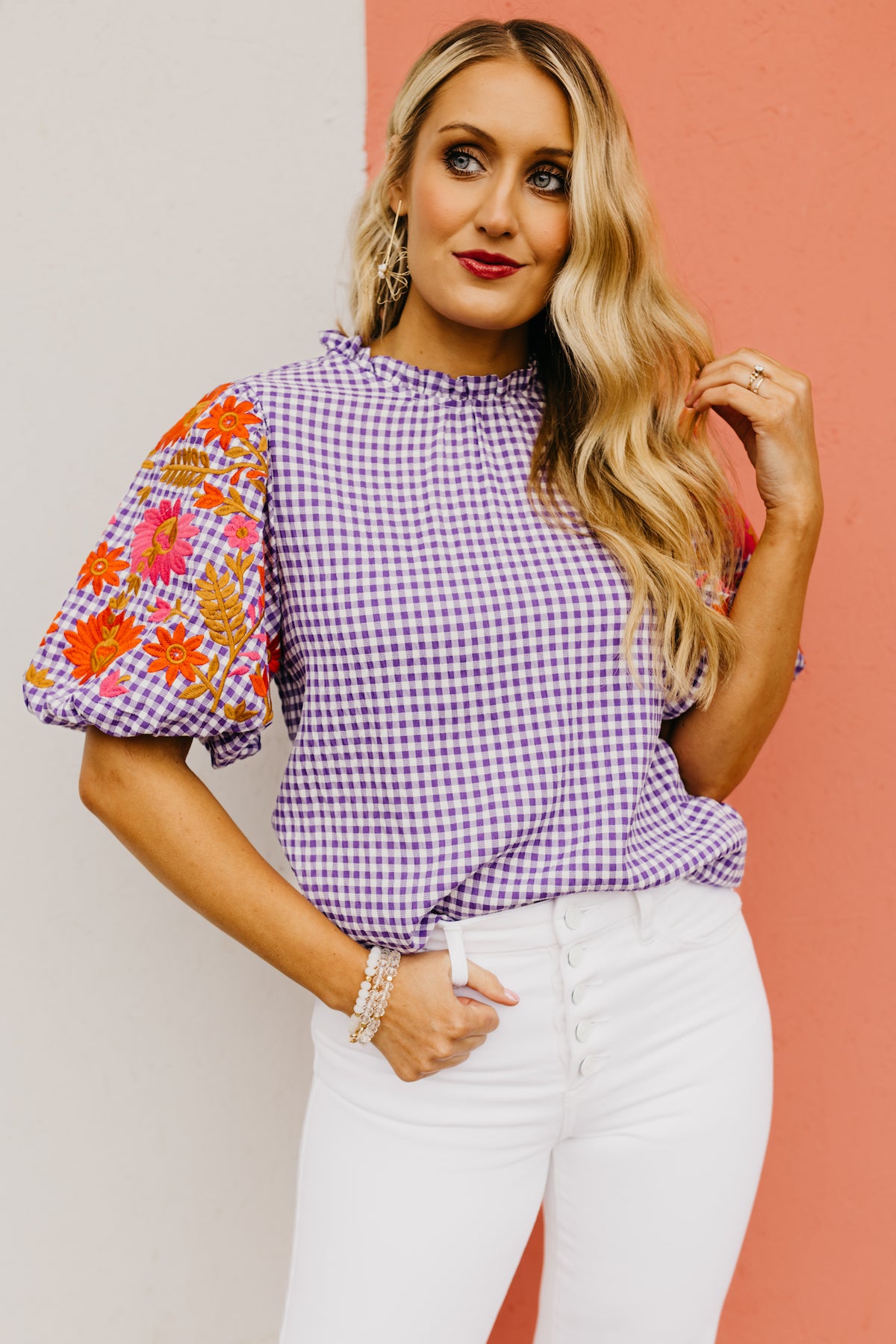 The Alayna Embroidered Gingham Top