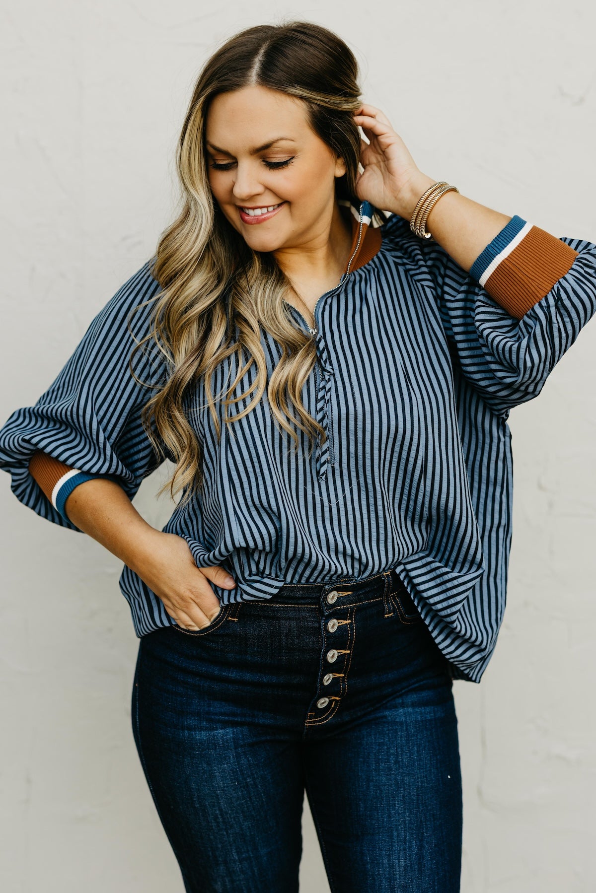 The Kelley Striped Zip Blouse