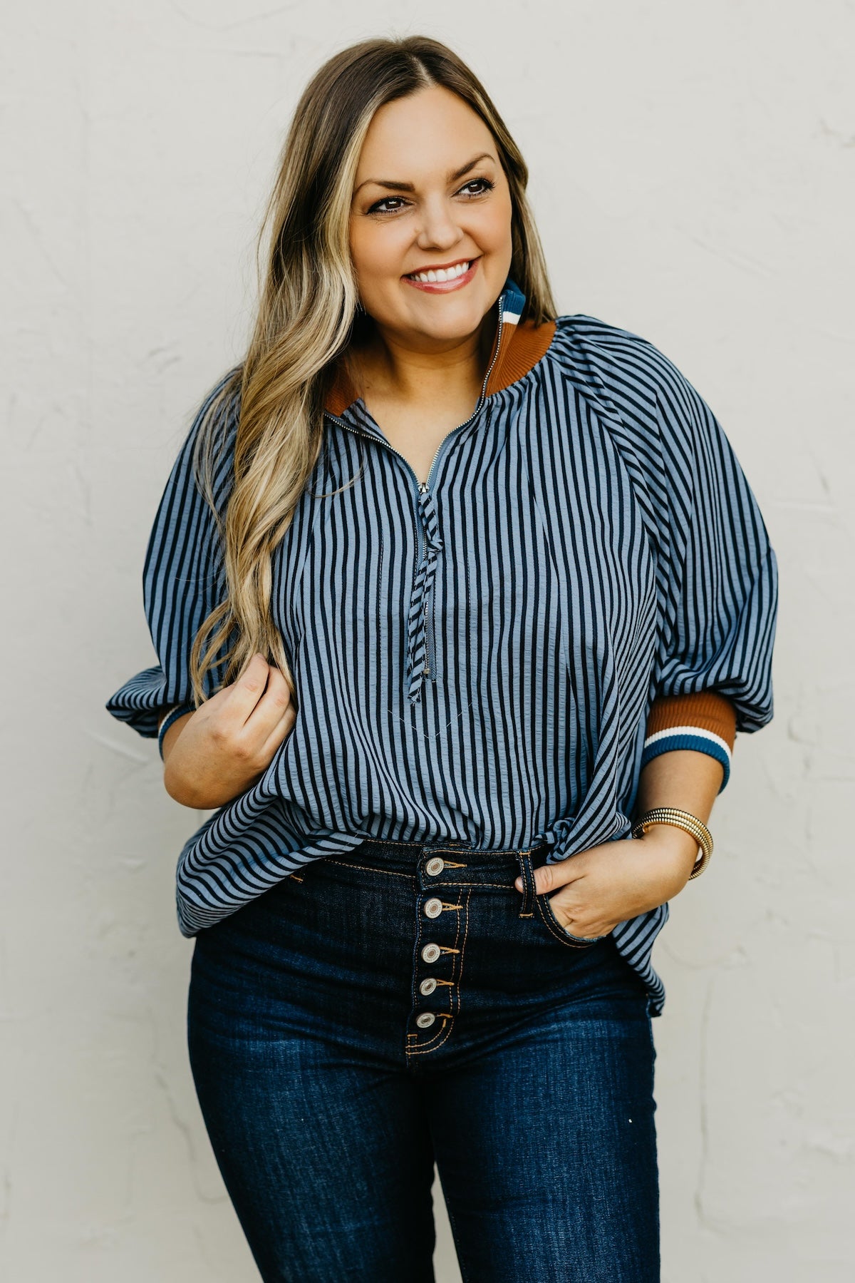 The Kelley Striped Zip Blouse