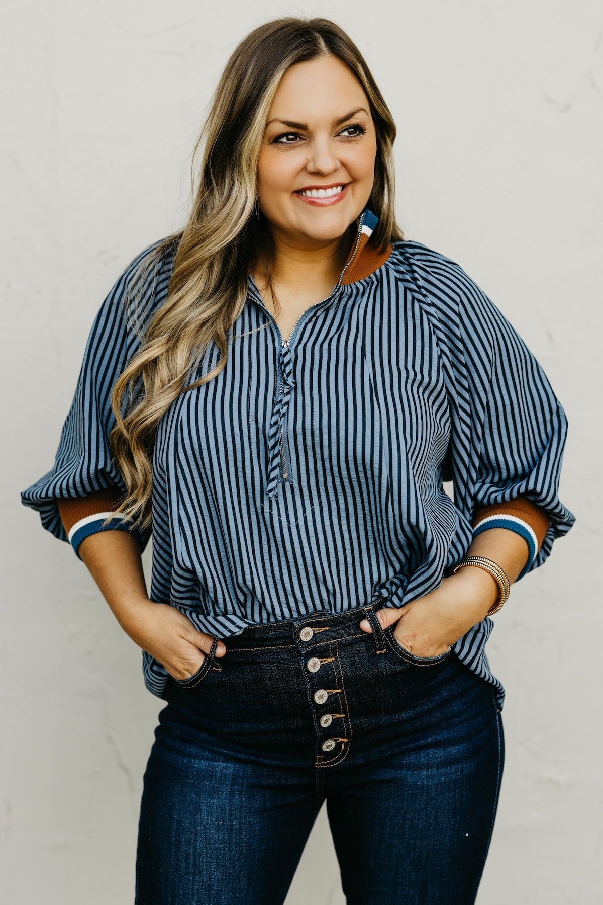 The Kelley Striped Zip Blouse