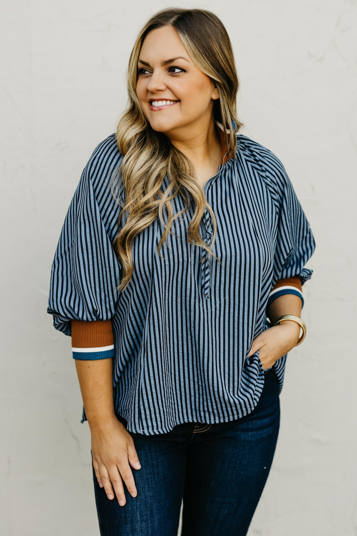 The Kelley Striped Zip Blouse