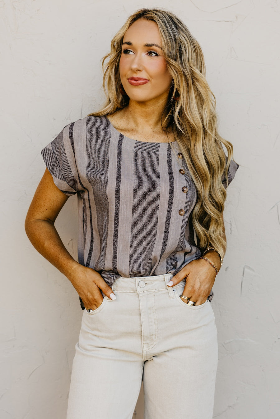The Rachel Stripe Side Button Woven Top