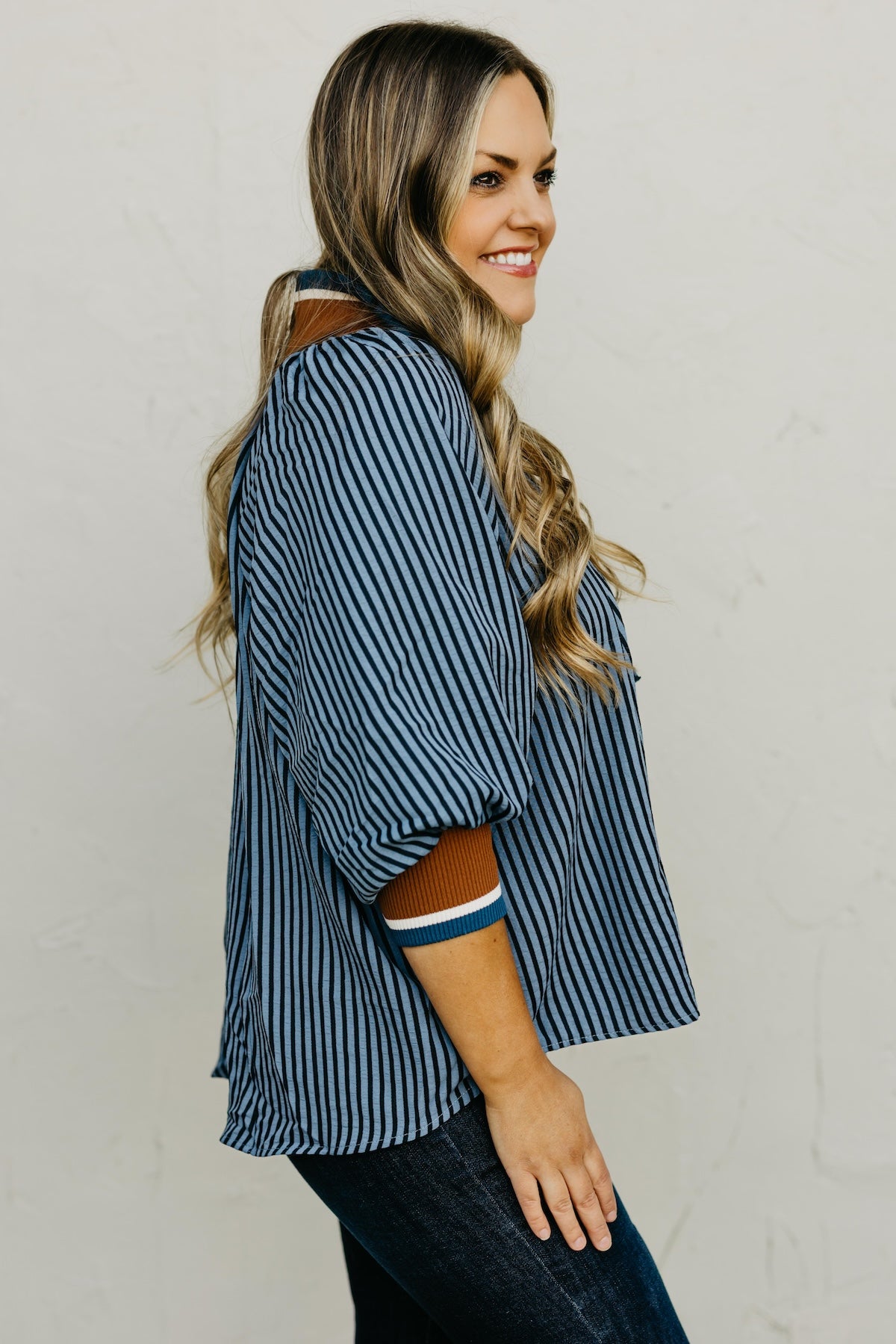 The Kelley Striped Zip Blouse | MOD Boutique