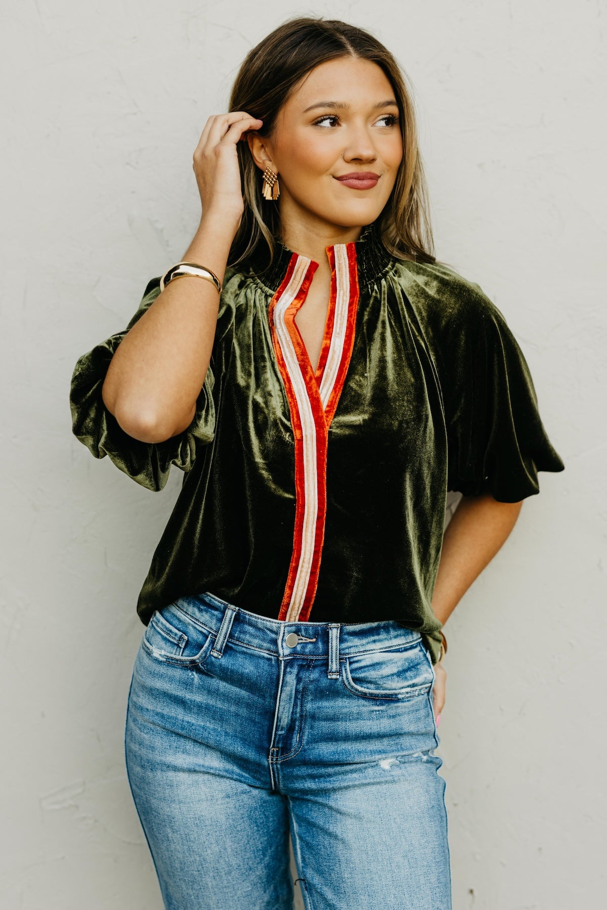 The Zelda Puff Sleeve Felt Contrast Top