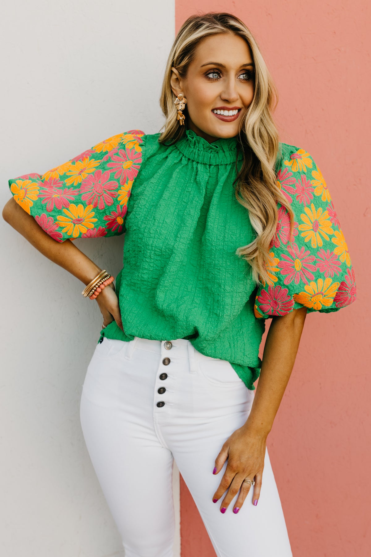 The Lila Floral Embroidered Button Back Top