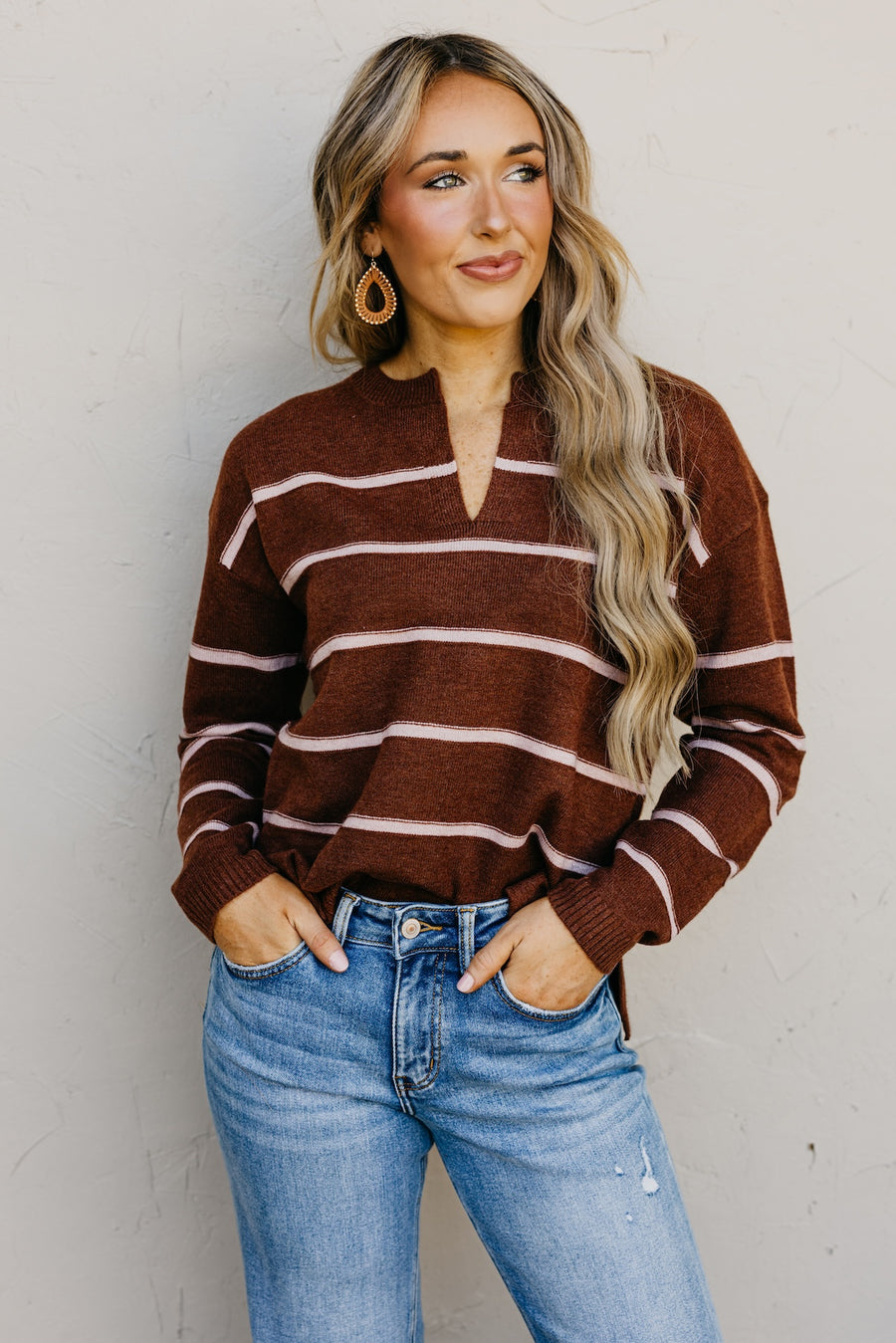 The Rita Striped Notched V Neckline Sweater