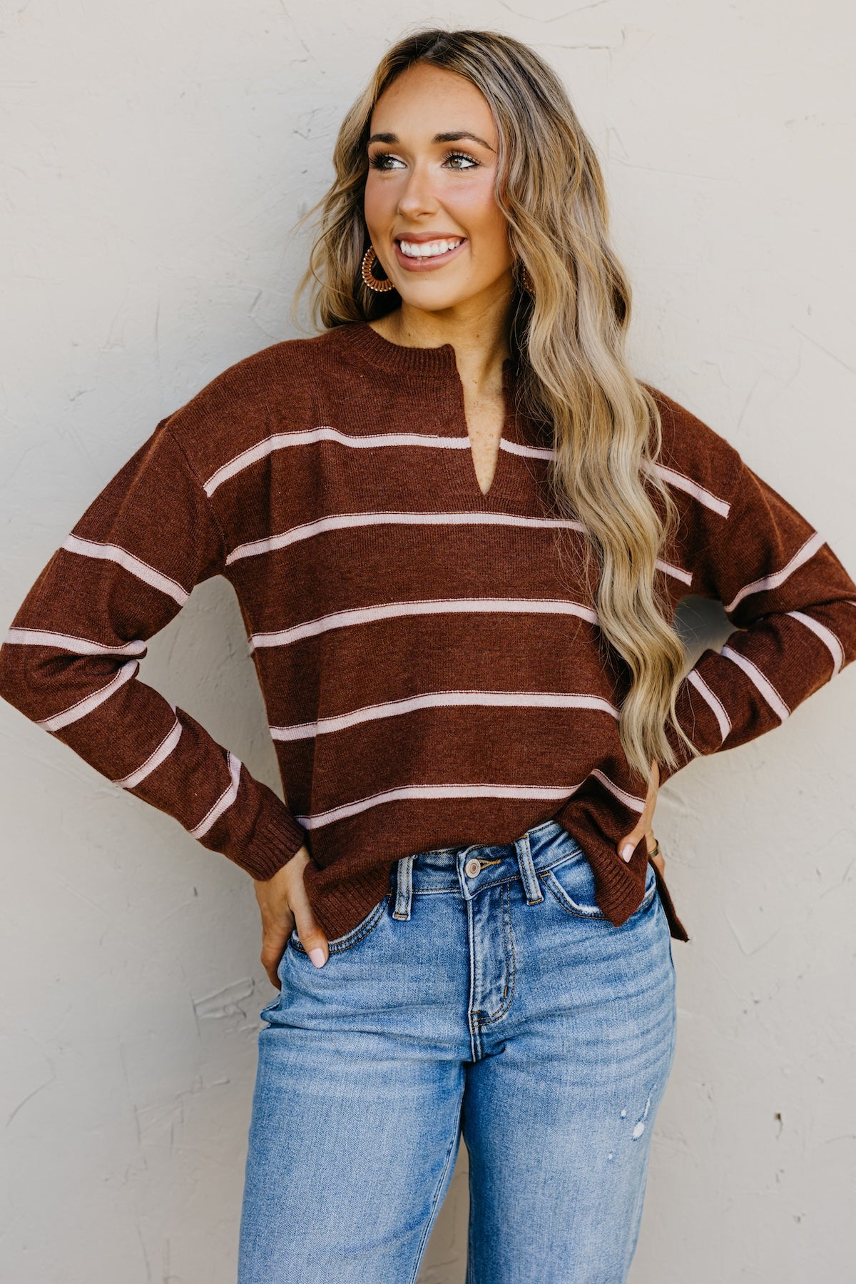 The Rita Striped Notched V Neckline Sweater