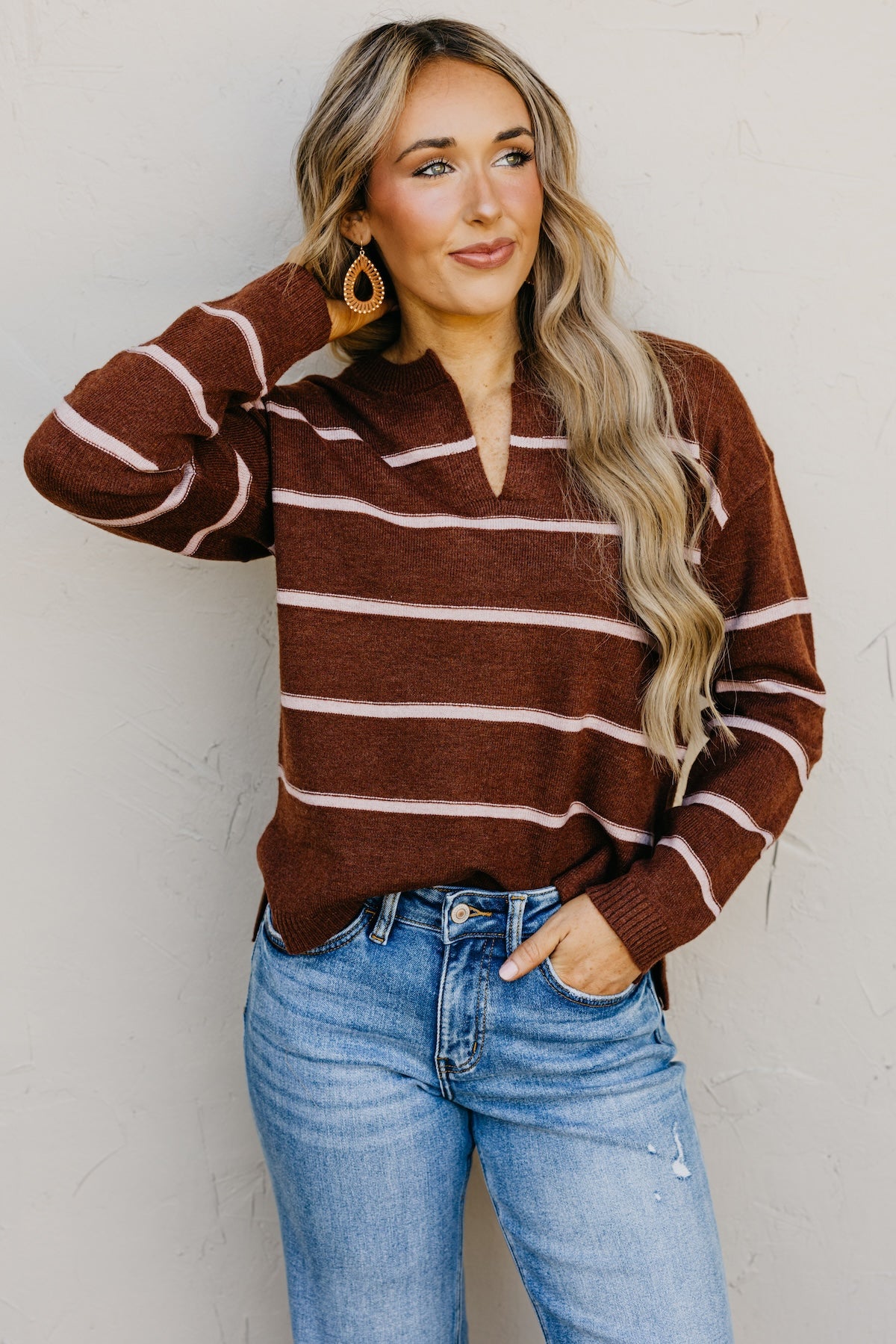The Rita Striped Notched V Neckline Sweater