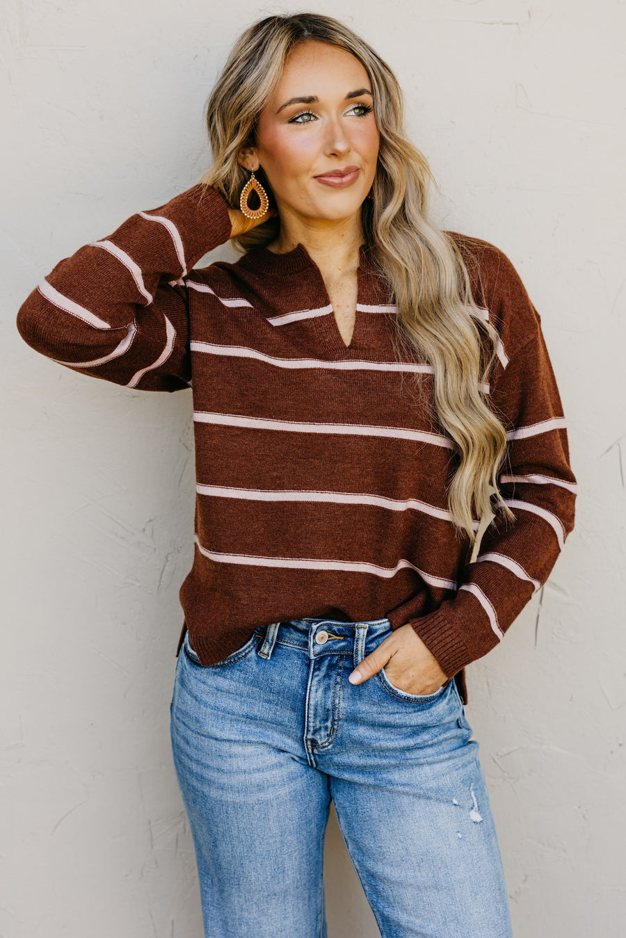 The Rita Striped Notched V Neckline Sweater