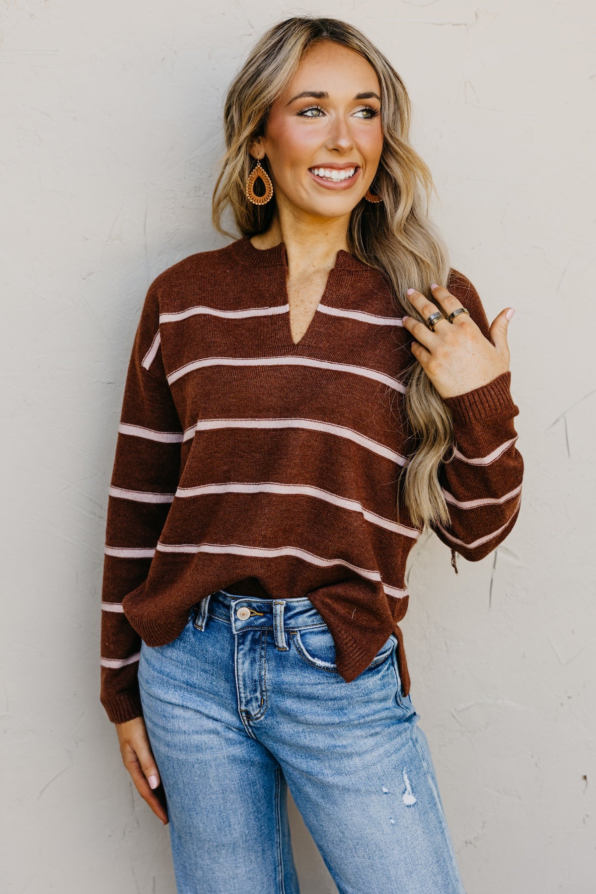 The Rita Striped Notched V Neckline Sweater