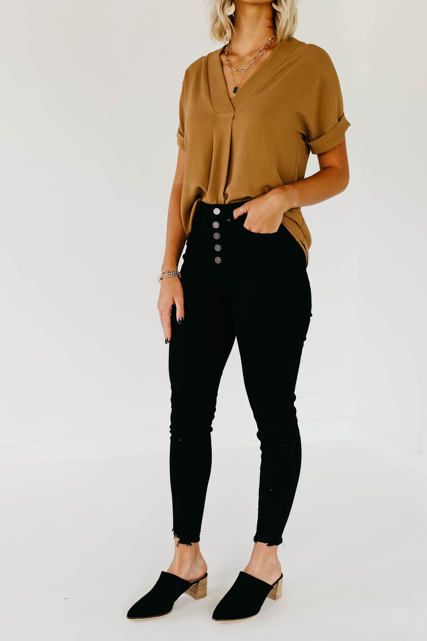 Kan Can 11 Inch High Rise Button Skinny Denim - KC7273BK