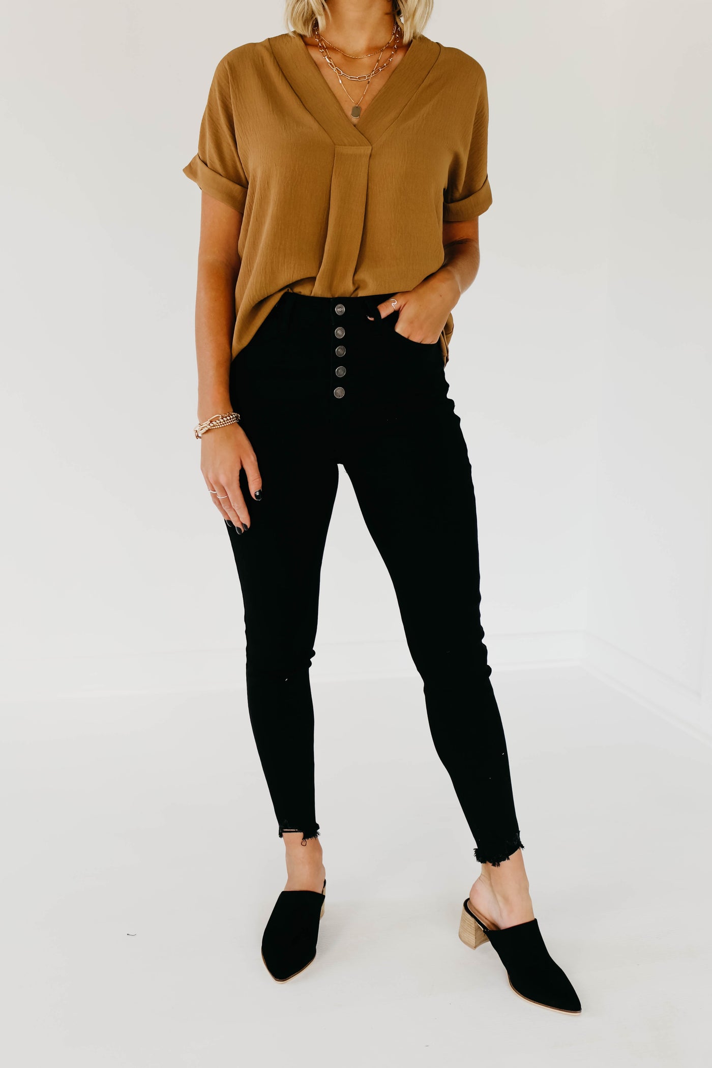 Kan Can 11 Inch High Rise Button Skinny Denim - KC7273BK