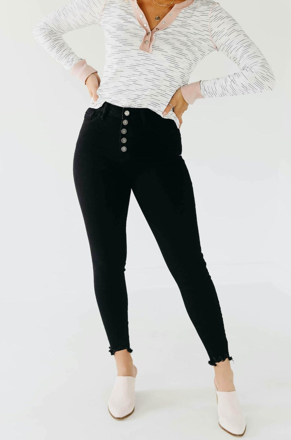 Kan Can 11 Inch High Rise Button Skinny Denim - KC7273BK